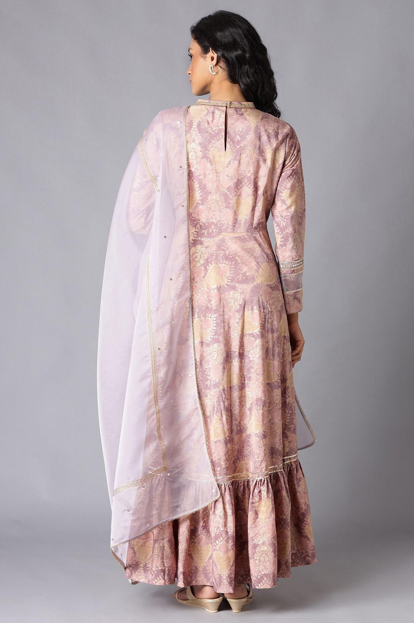 Pink Tiered Round Neck Dress With Organza Dupatta - wforwoman