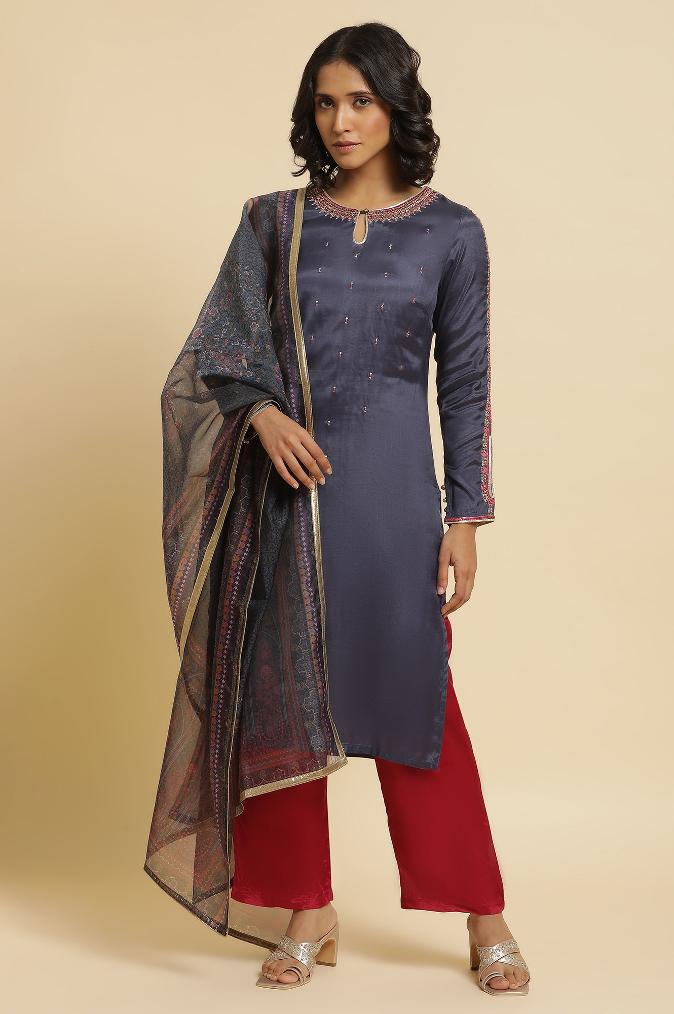 Blue Embroidered Kurta, Straight Pants & Dupatta Set