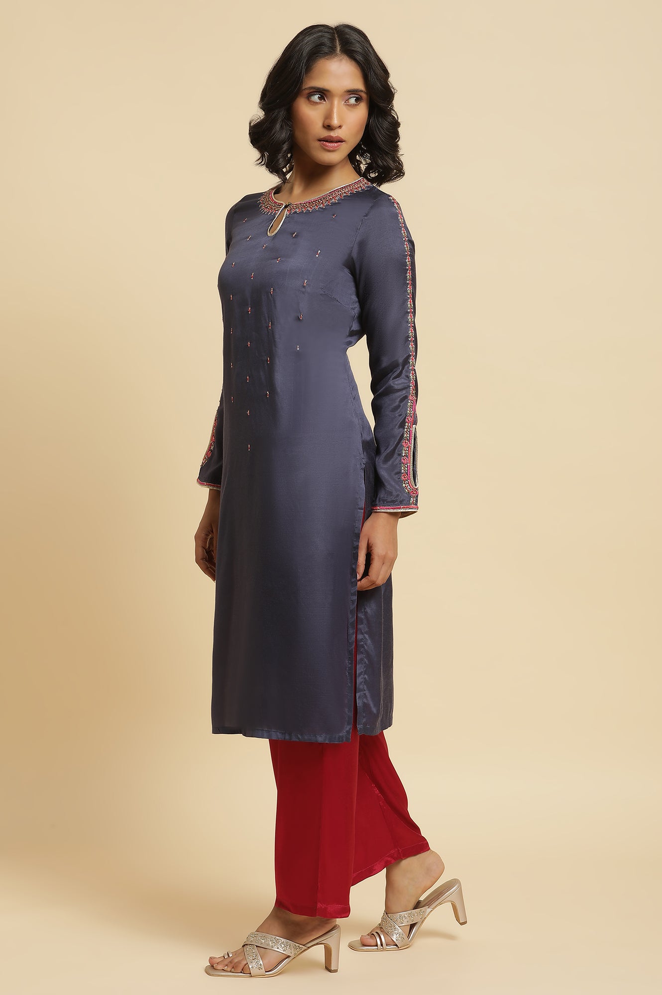 Blue Embroidered Kurta, Straight Pants & Dupatta Set