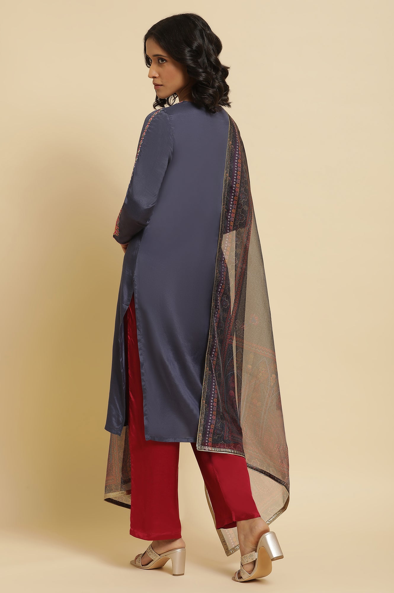 Blue Embroidered Kurta, Straight Pants & Dupatta Set