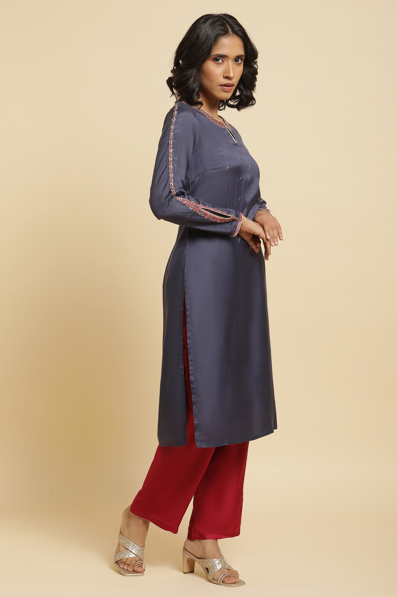 Blue Embroidered Kurta, Straight Pants & Dupatta Set