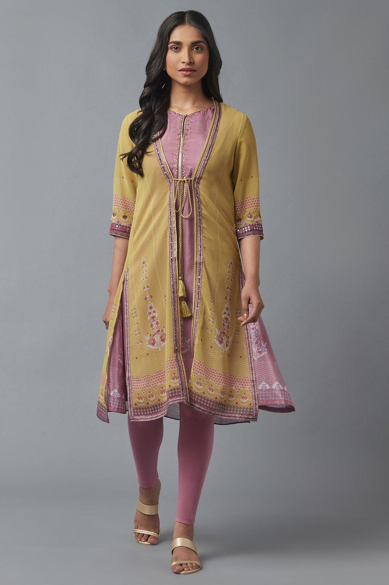 Olive Green Gillet, Purple kurta and Tights Set - wforwoman