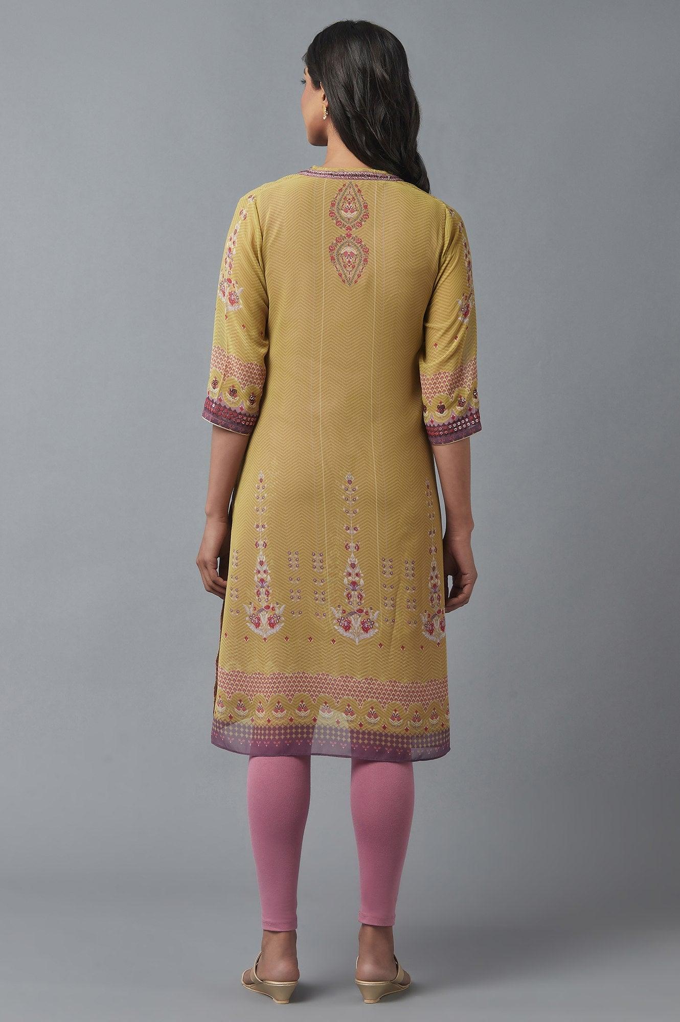 Olive Green Gillet, Purple kurta and Tights Set - wforwoman