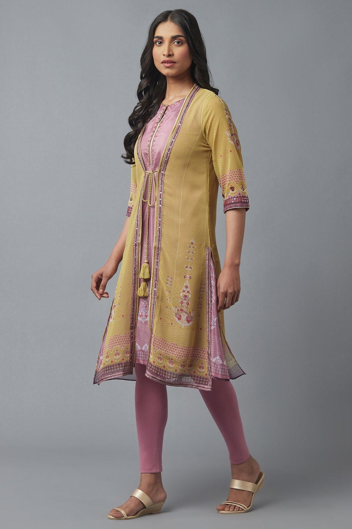 Olive Green Gillet, Purple kurta and Tights Set - wforwoman