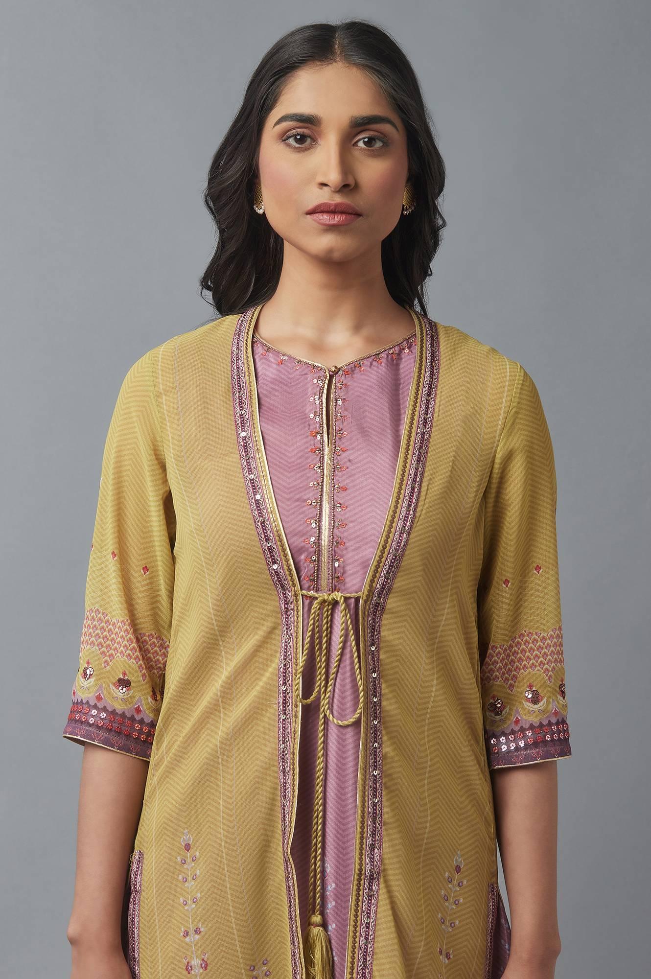 Olive Green Gillet, Purple kurta and Tights Set - wforwoman