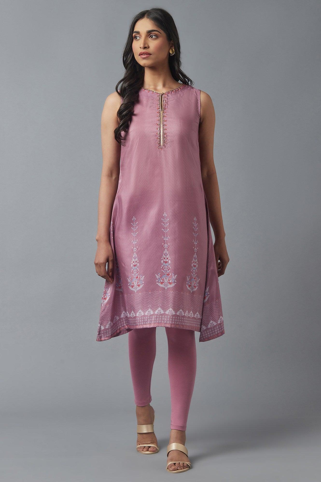 Olive Green Gillet, Purple kurta and Tights Set - wforwoman