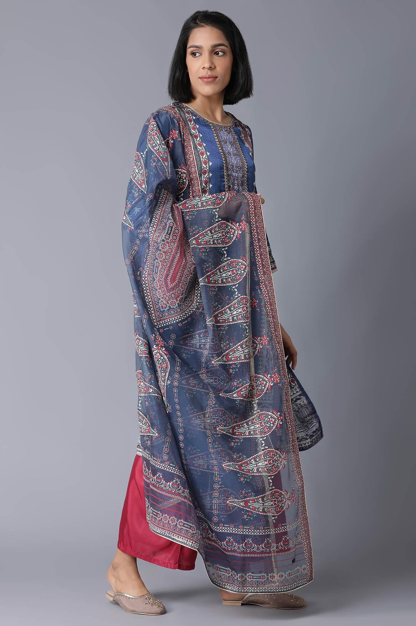 Blue Printed kurta, Parallel Pants and Dupatta Set - wforwoman