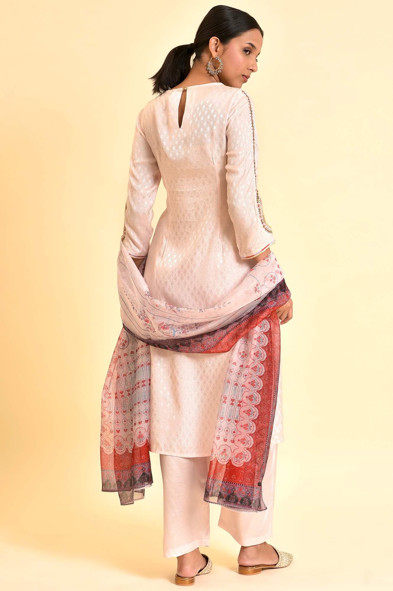Light Pink Embroidered Kurta, Pants And Dupatta Set - wforwoman