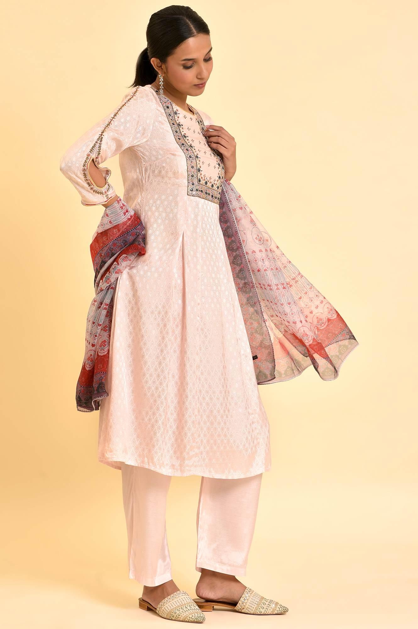 Light Pink Embroidered Kurta, Pants And Dupatta Set - wforwoman