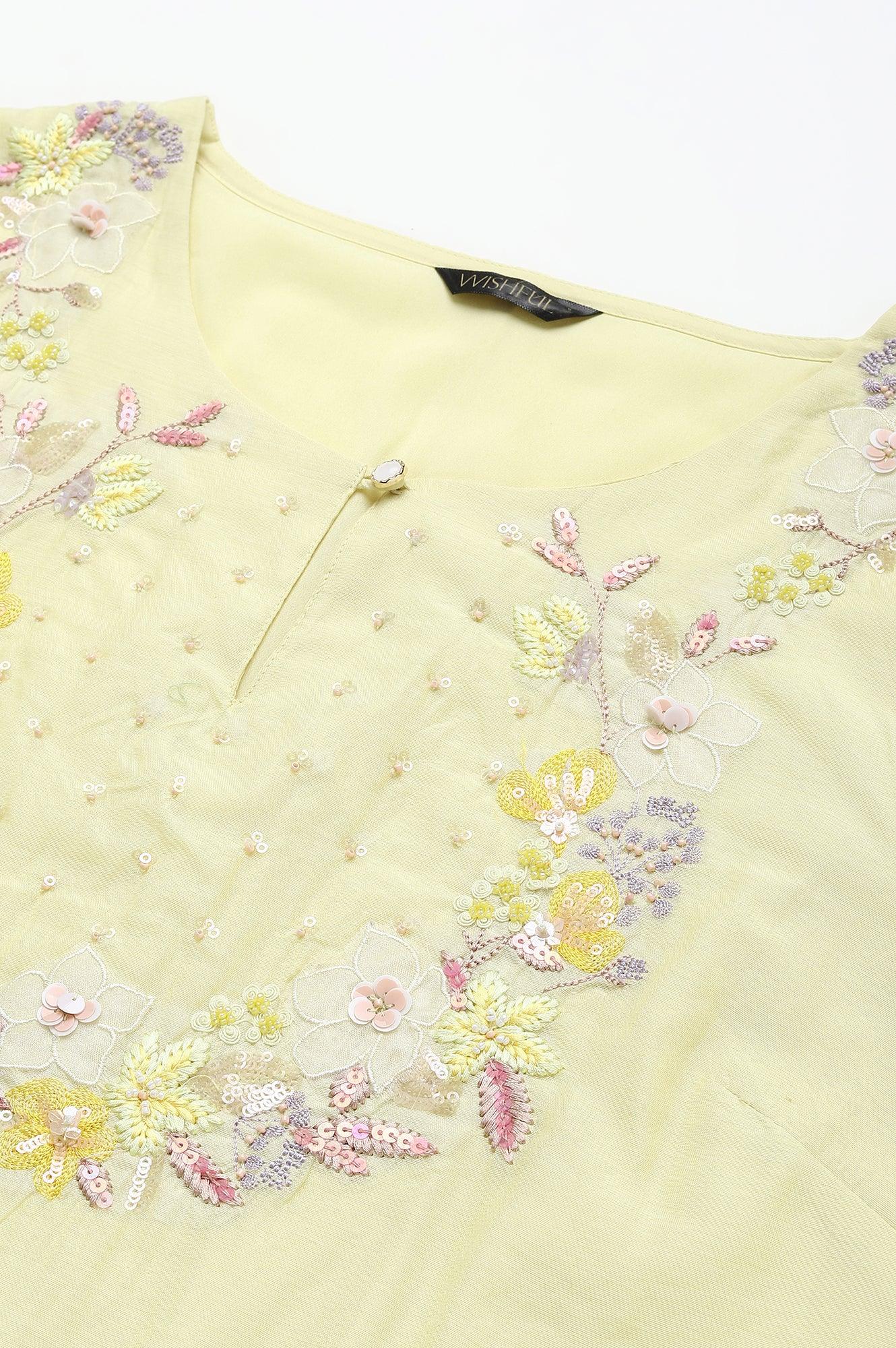 Lemon Yellow Embroidered Chanderi kurta With Slim Pants And Dupatta - wforwoman