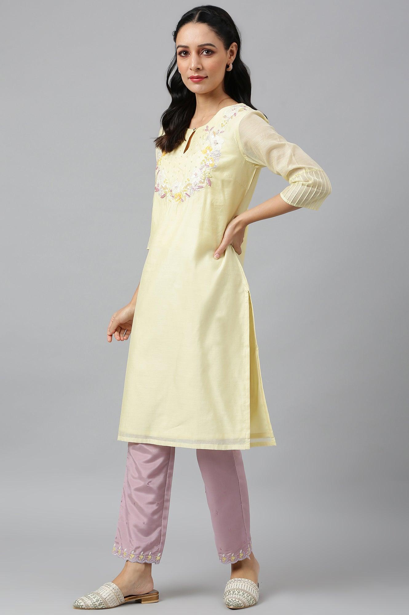 Lemon Yellow Embroidered Chanderi kurta With Slim Pants And Dupatta - wforwoman