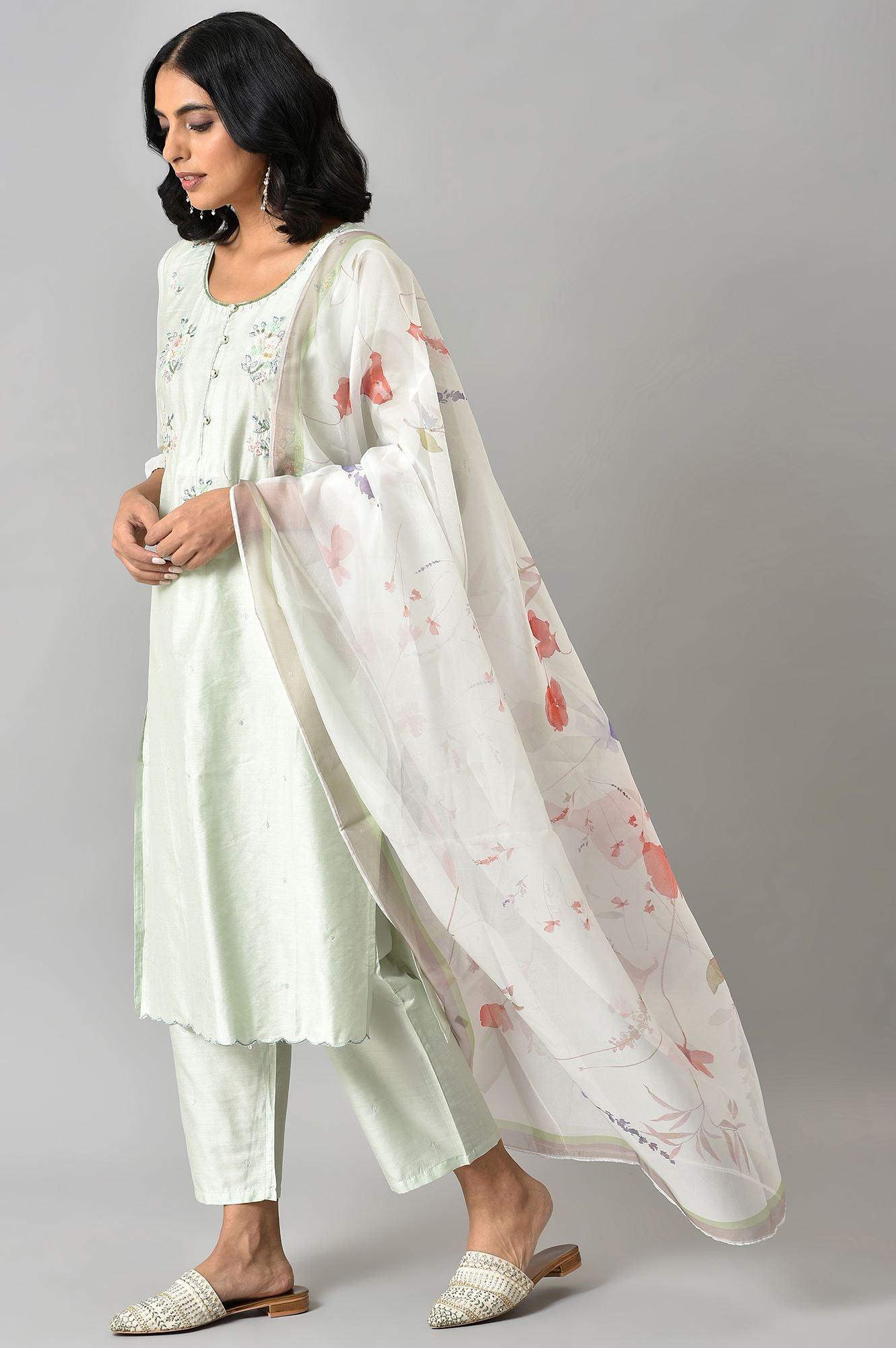 Light Green Embroidered Round Neck kurta With Slim Pants And Dupatta - wforwoman
