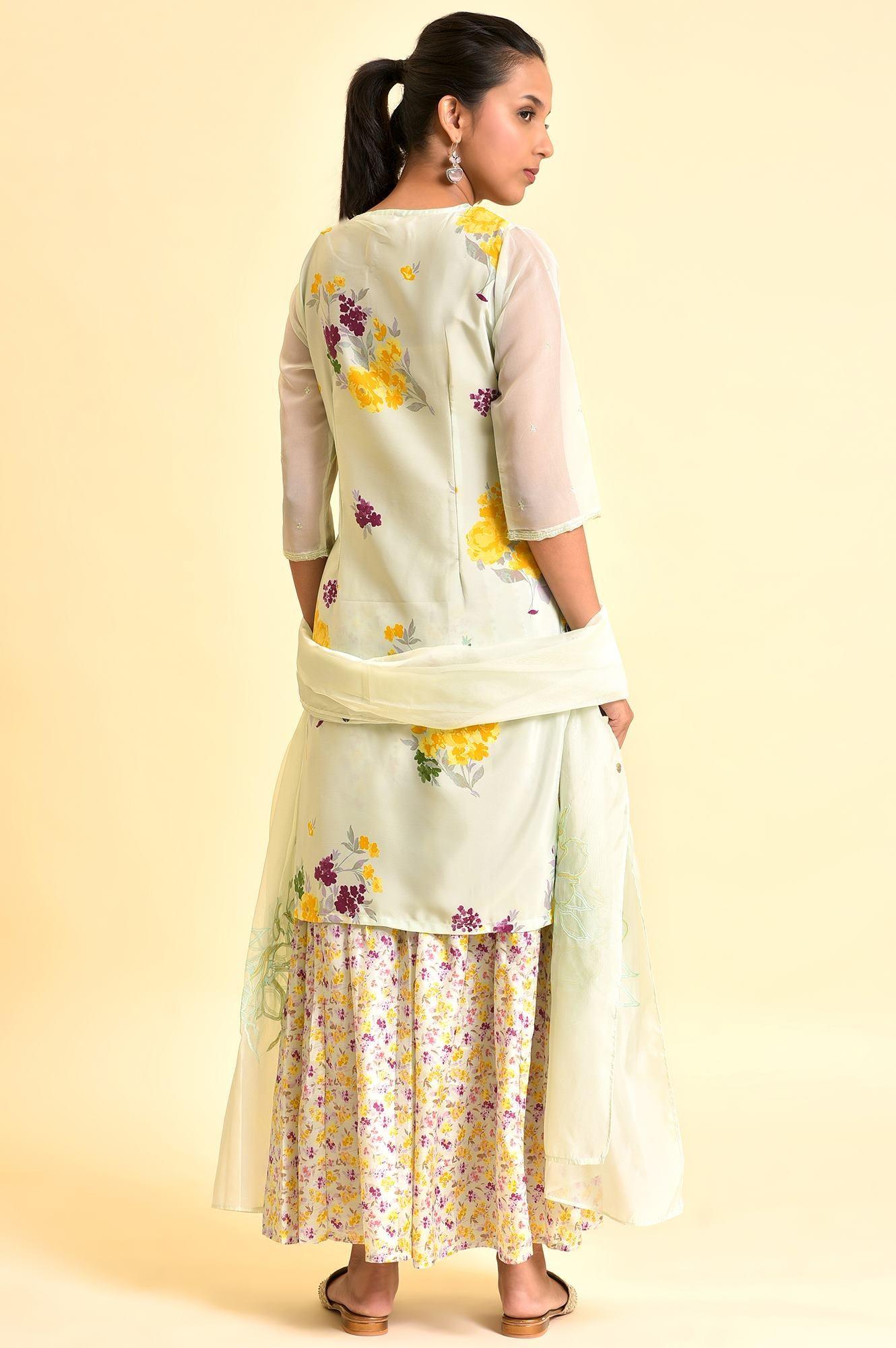 Green Printed kurta With Sharara And Dupatta - wforwoman