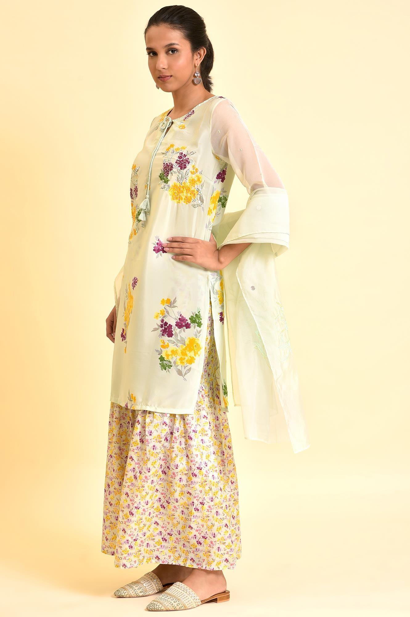 Green Printed kurta With Sharara And Dupatta - wforwoman