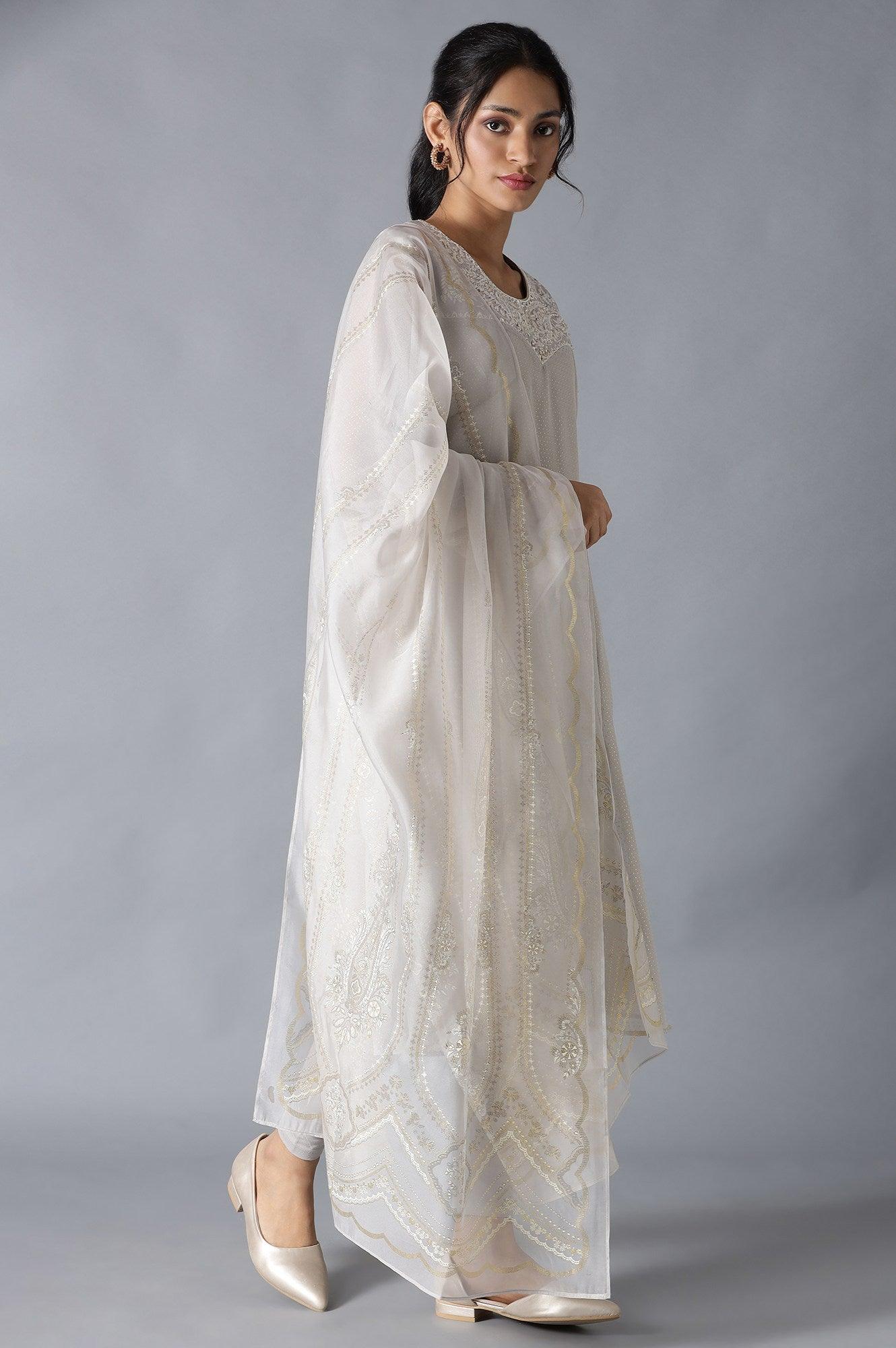 Grey Embroidered kurta With Parallel Pants And Dupatta - wforwoman