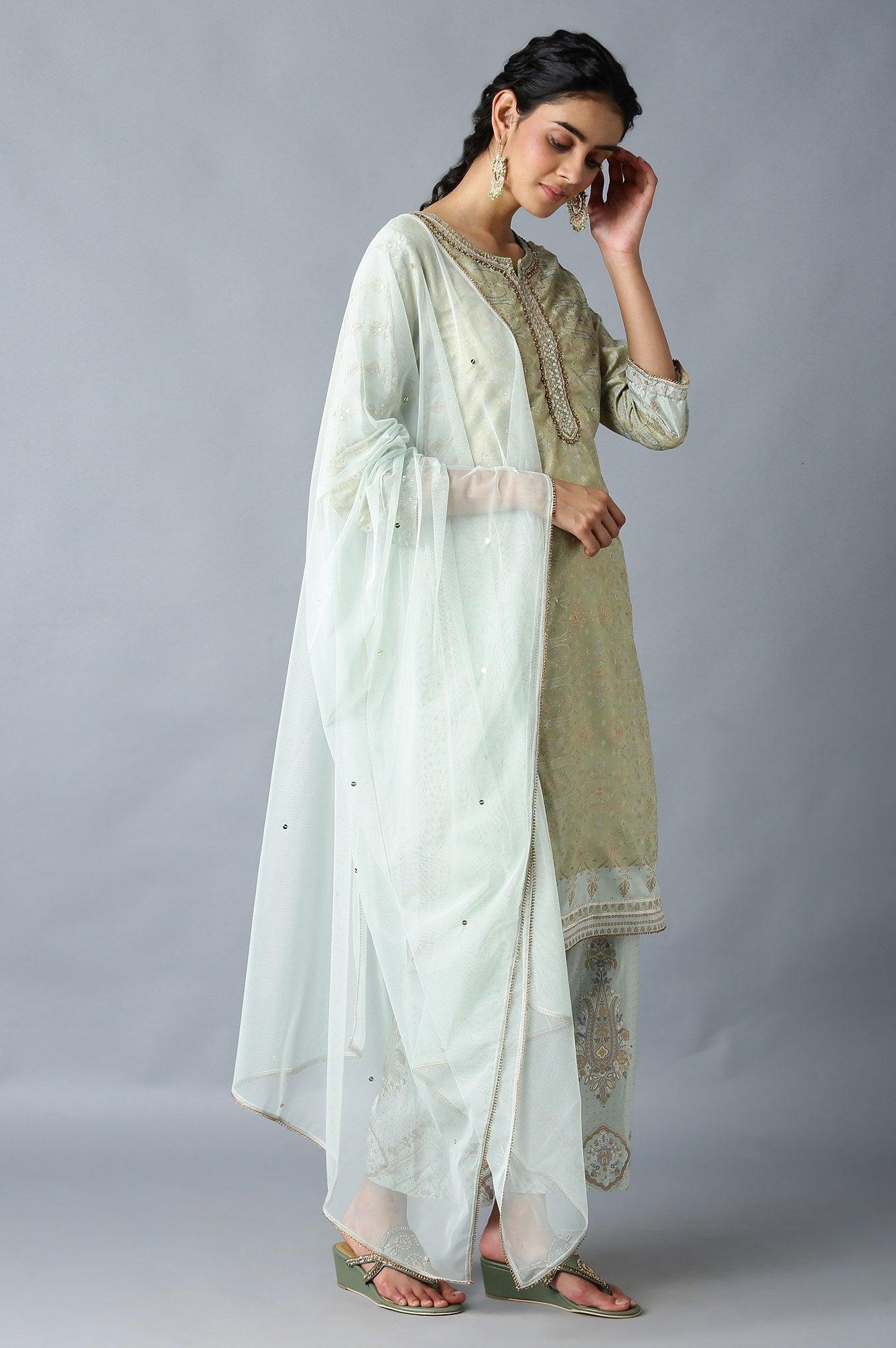 Green Printed Festive kurta With Parallel Pants And Net Dupatta - wforwoman