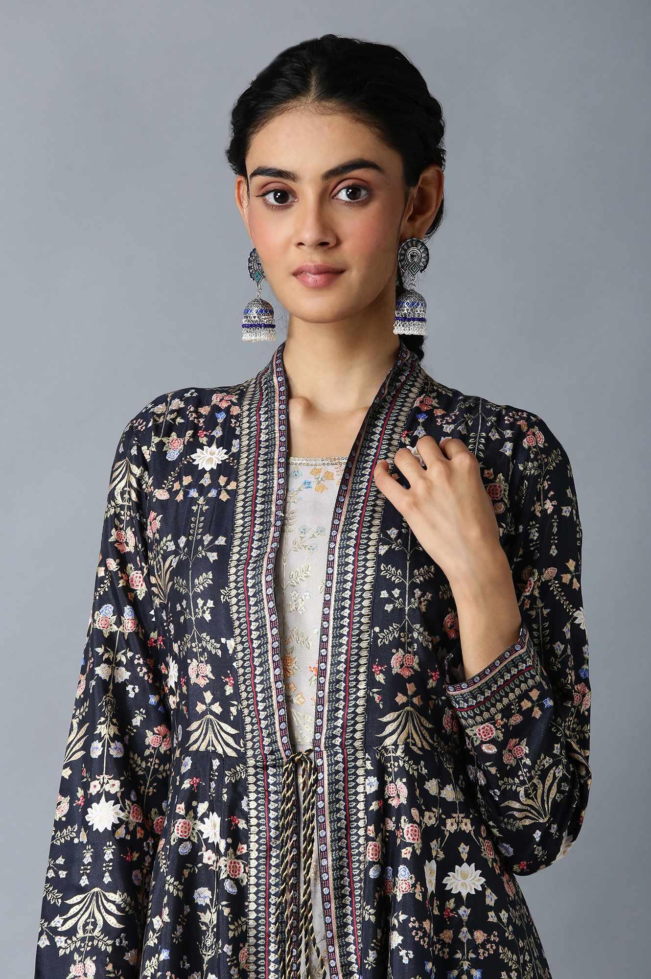 Dark Blue And Grey Mock Layered Floral Printed Dress - wforwoman