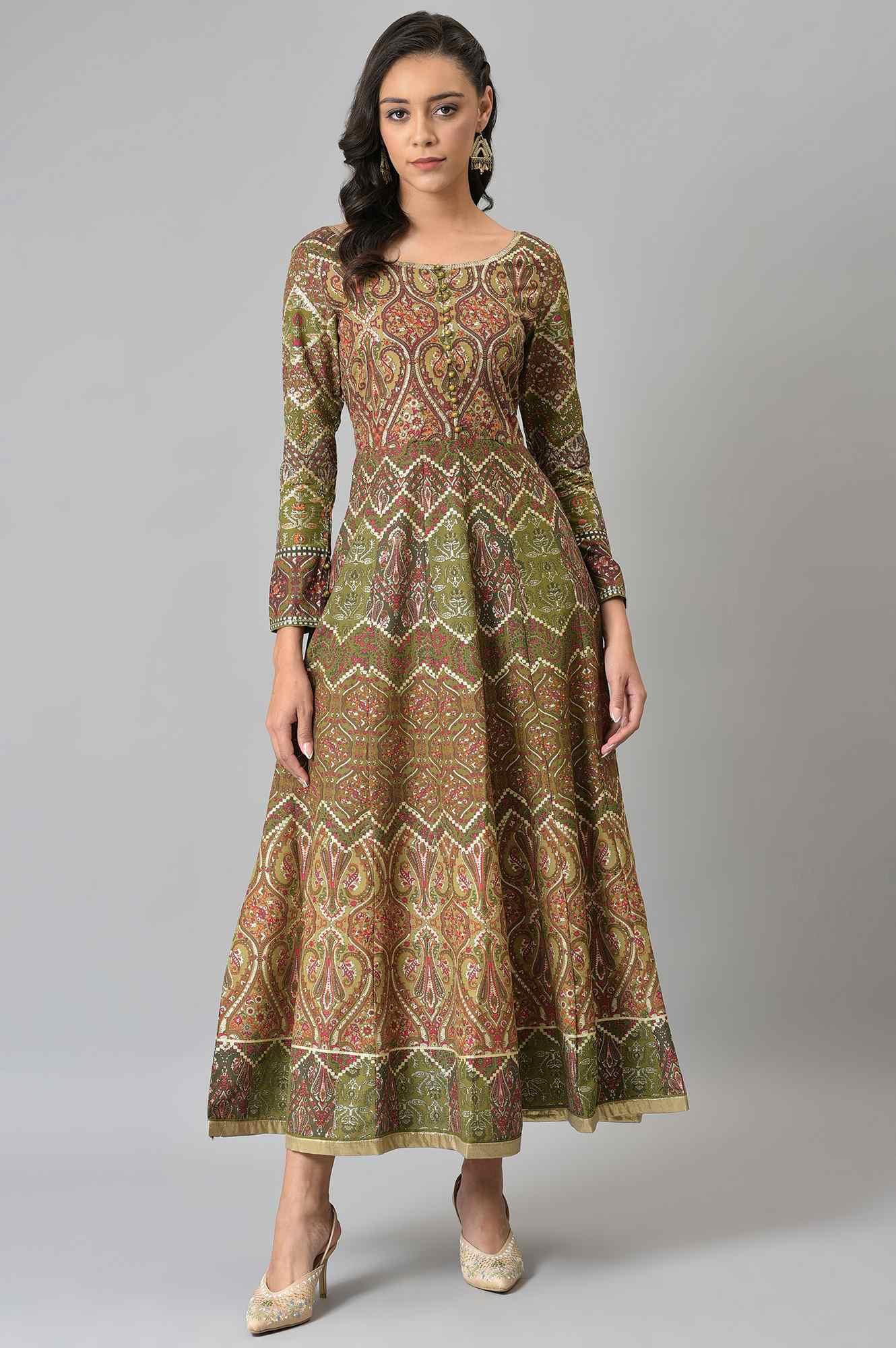Olive Green Glitter Print Dress - wforwoman