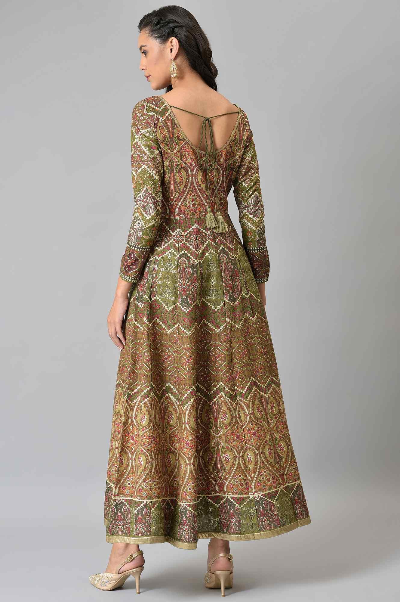 Olive Green Glitter Print Dress - wforwoman