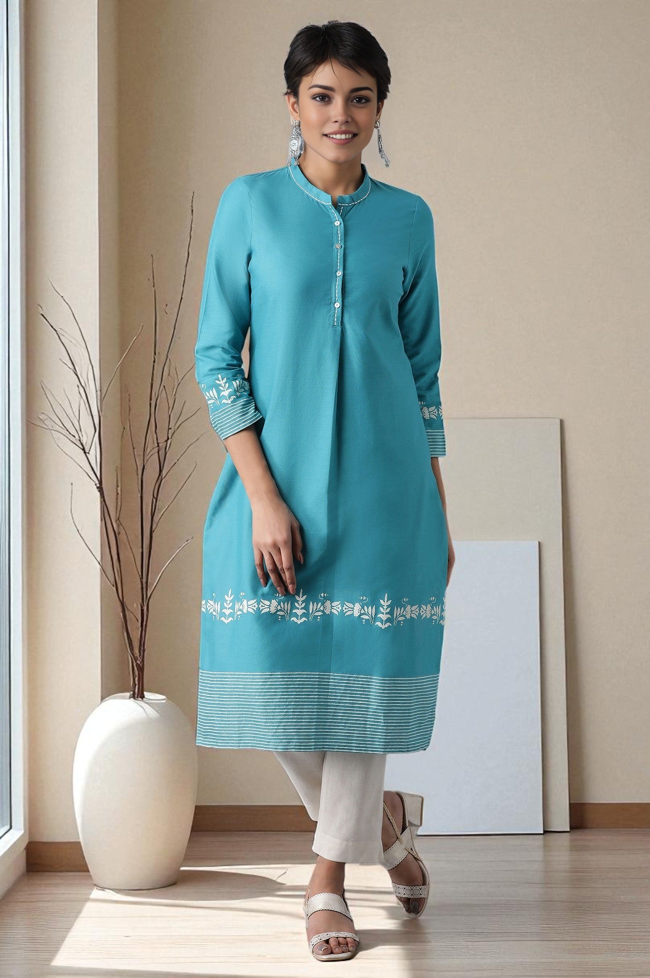 Teal Flora Print Straight kurta in Mandarin Collar