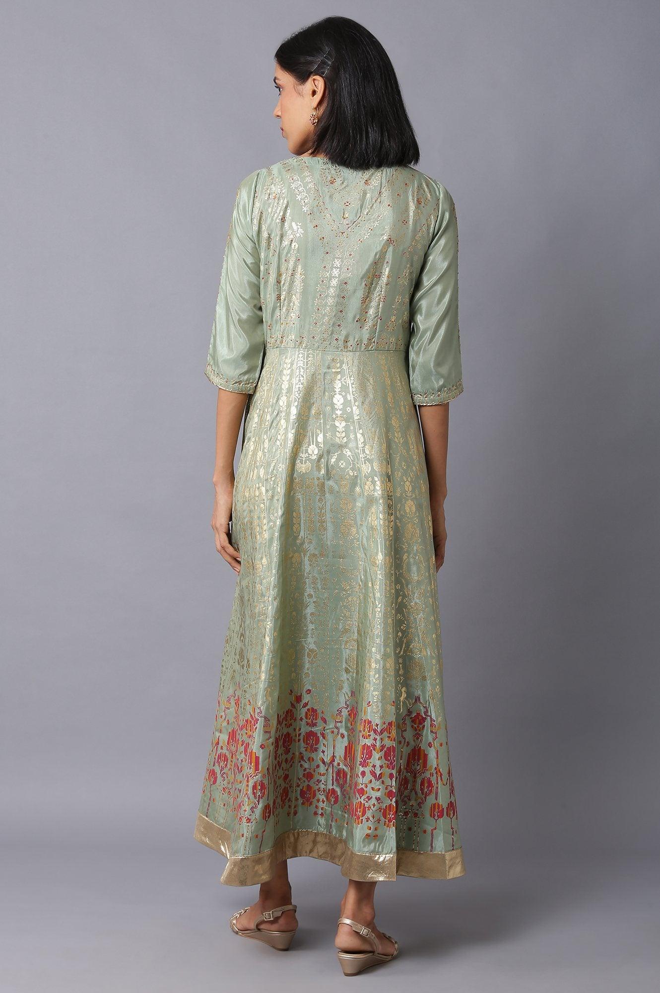Light Green Floral Printed Long Flared Dress - wforwoman
