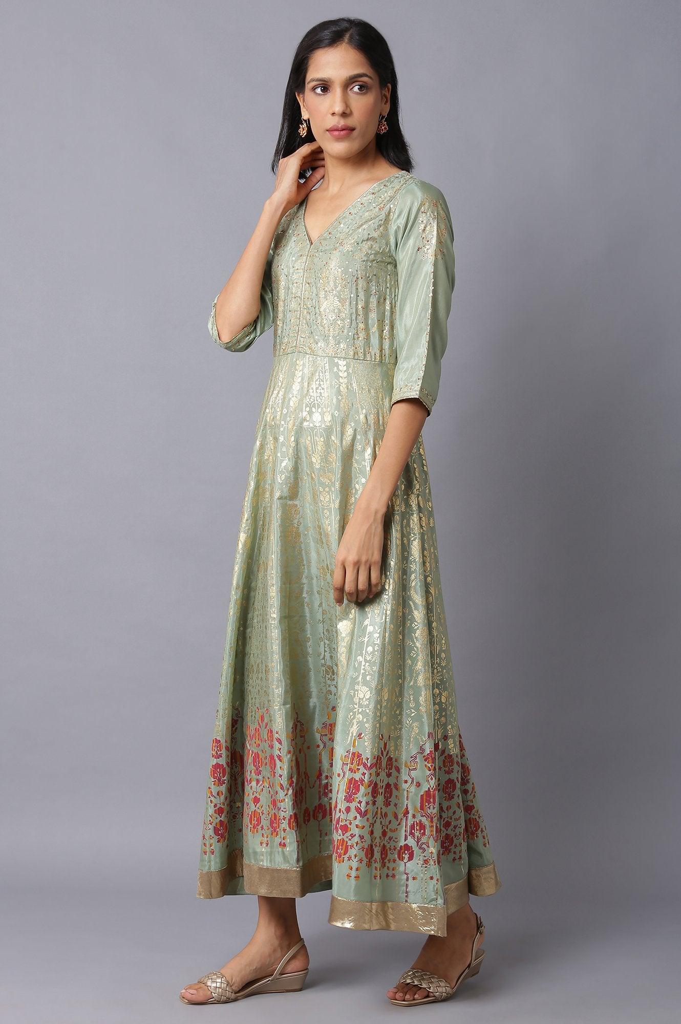 Light Green Floral Printed Long Flared Dress - wforwoman