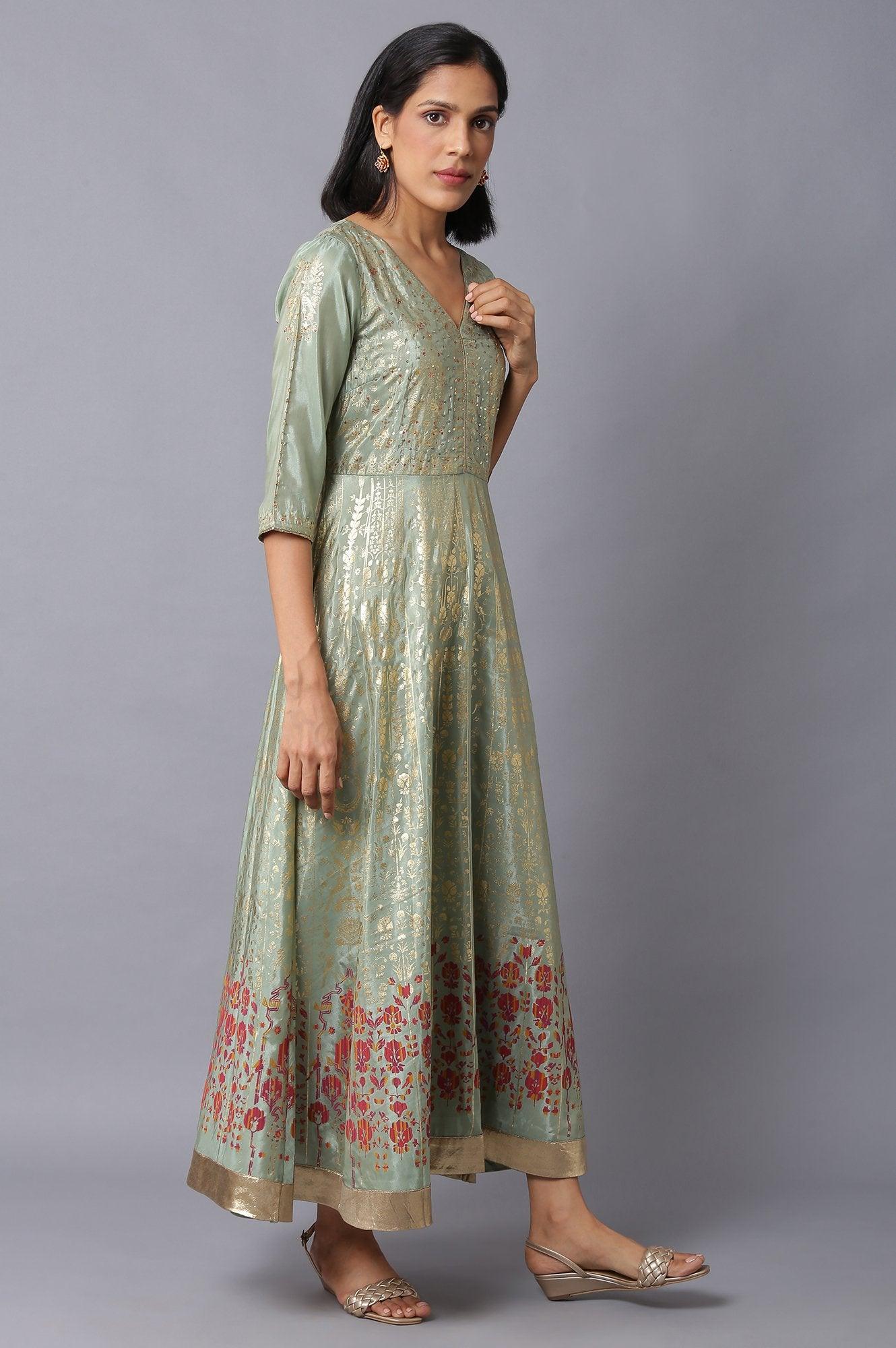 Light Green Floral Printed Long Flared Dress - wforwoman