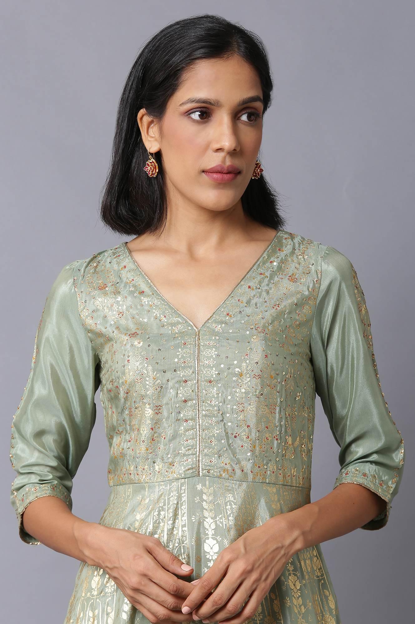 Light Green Floral Printed Long Flared Dress - wforwoman