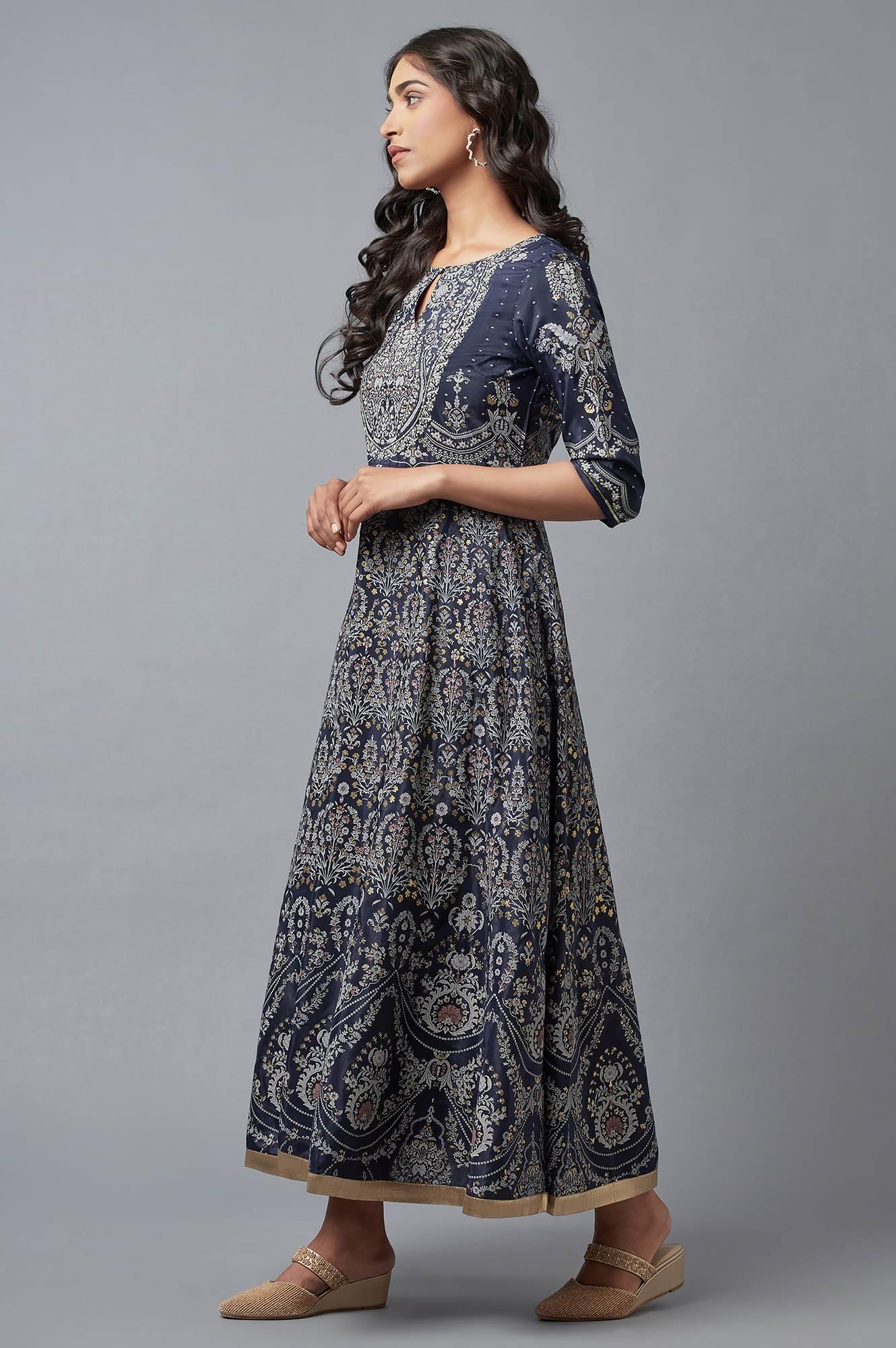 Dark Blue Floral Print Indie Dress - wforwoman