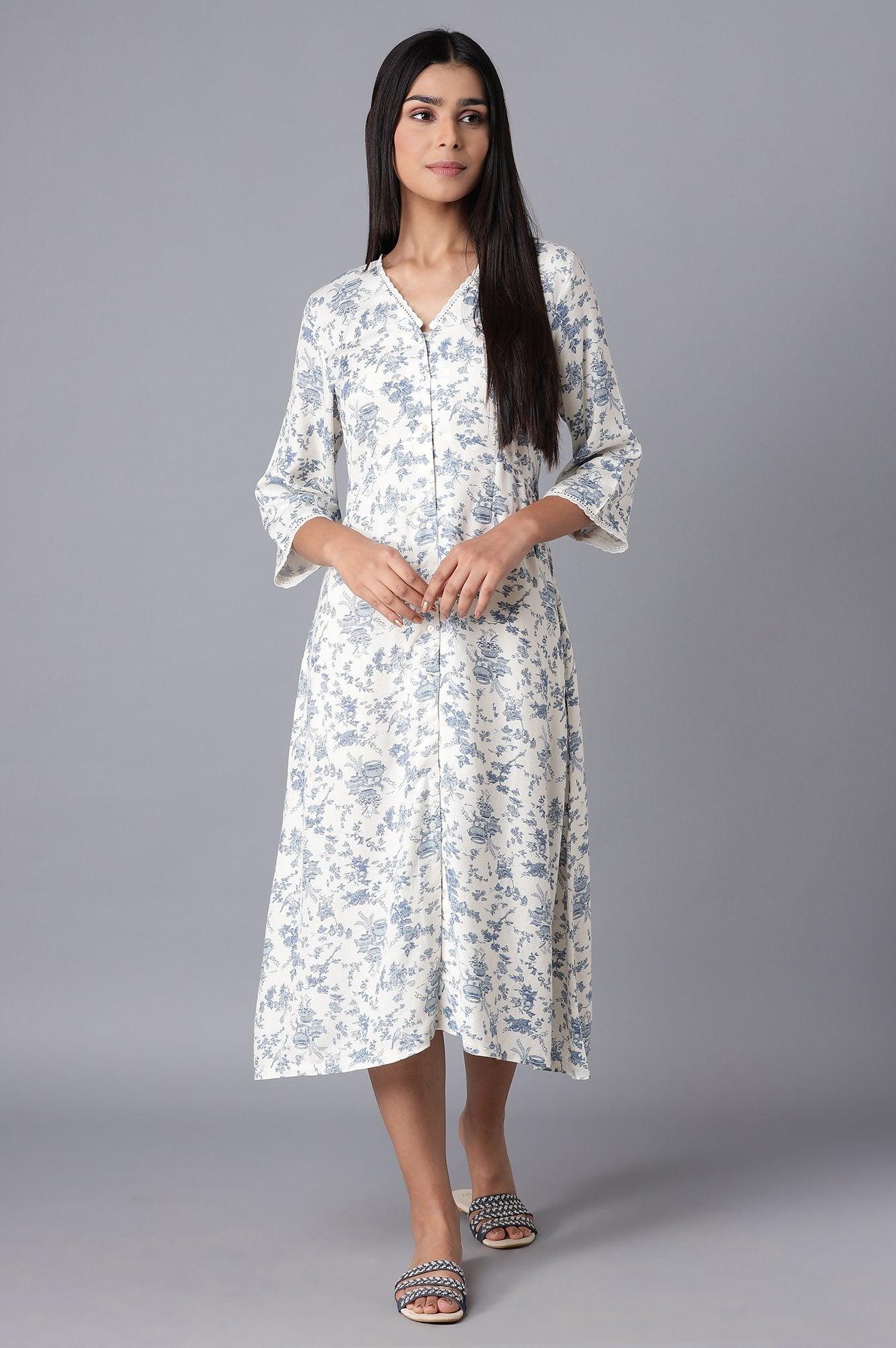 White and Blue Printed Midi Dress - wforwoman