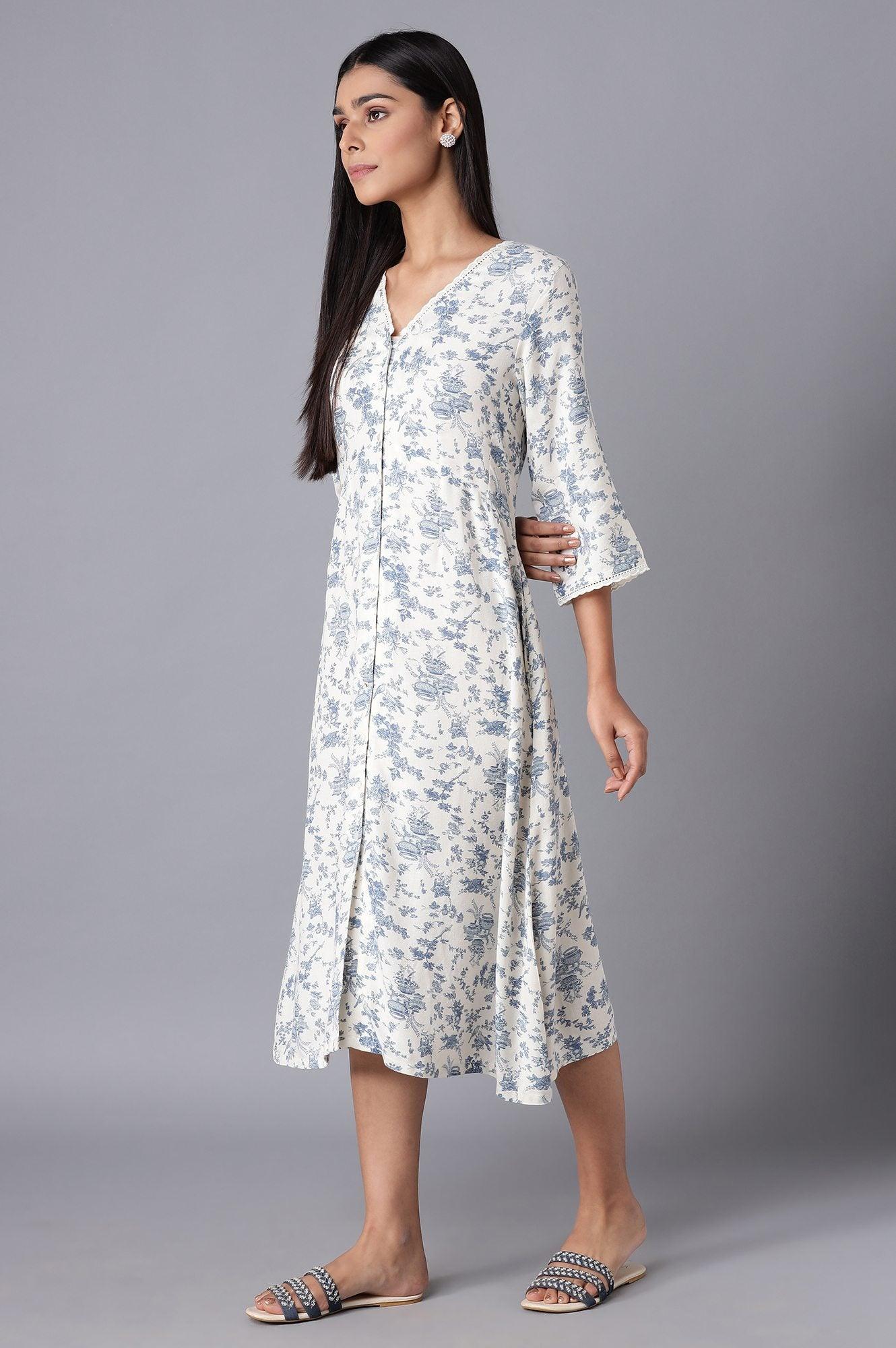 White and Blue Printed Midi Dress - wforwoman