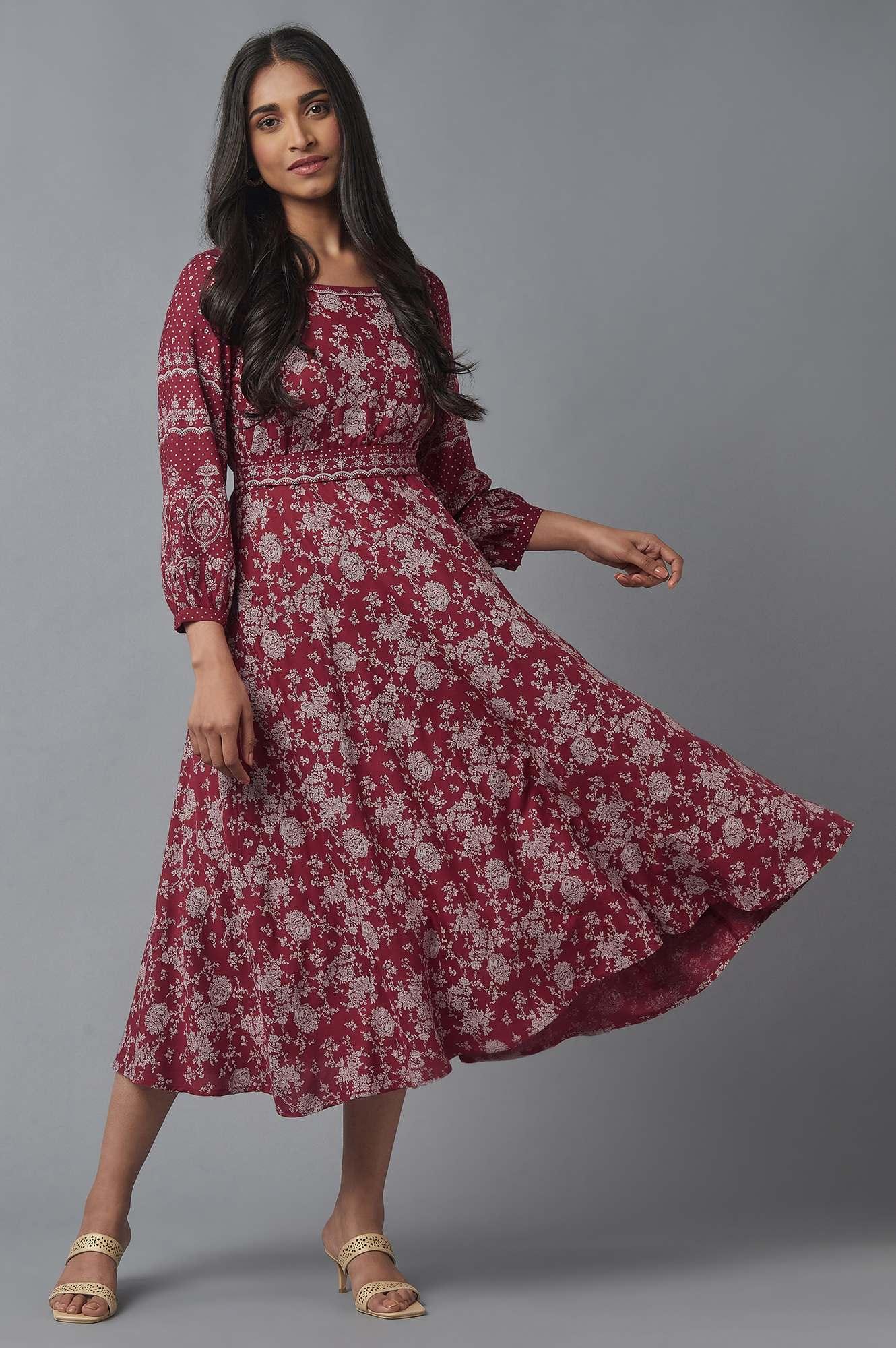 Deep Red Printed Flared Dress - wforwoman