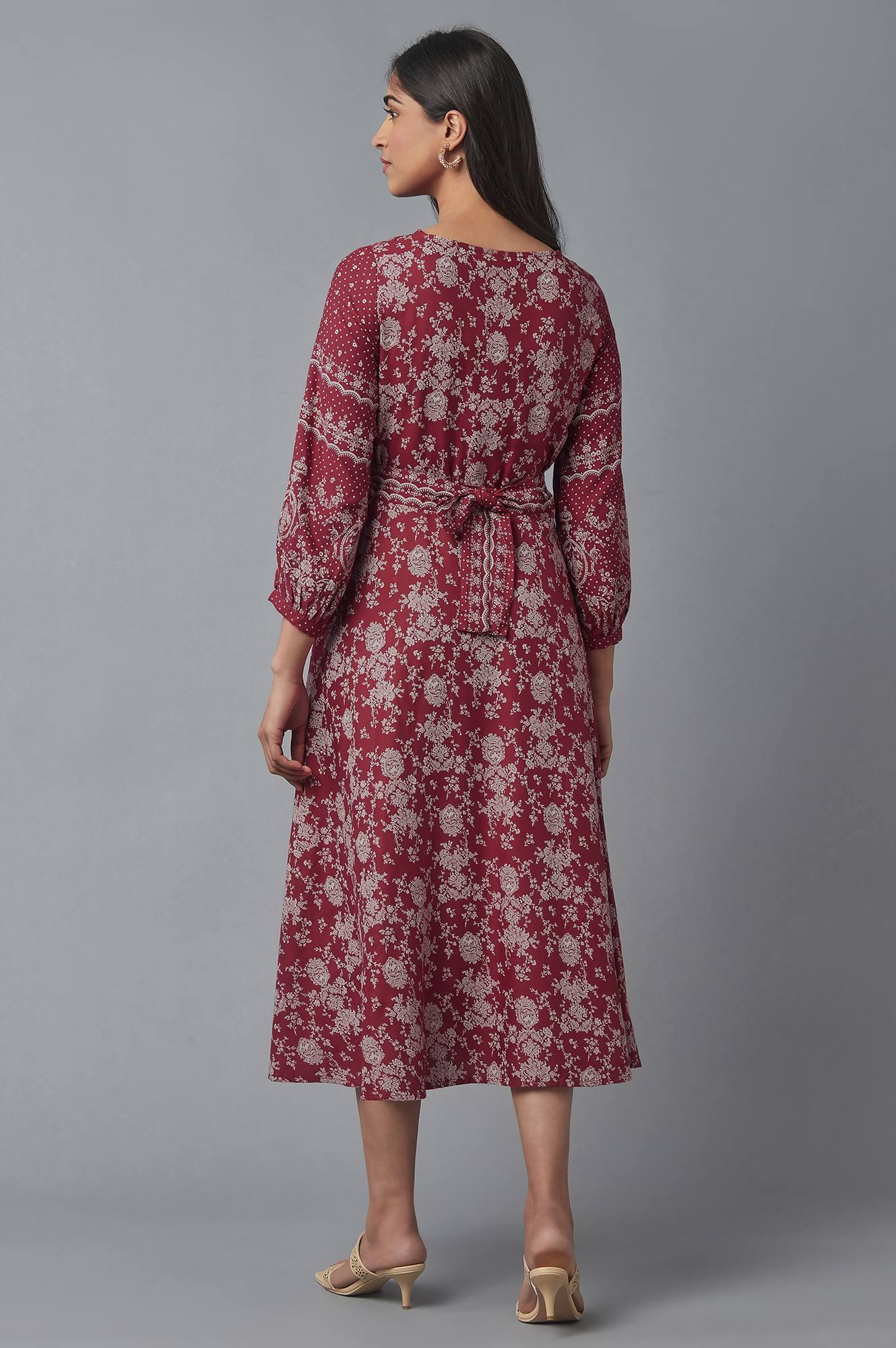 Deep Red Printed Flared Dress - wforwoman