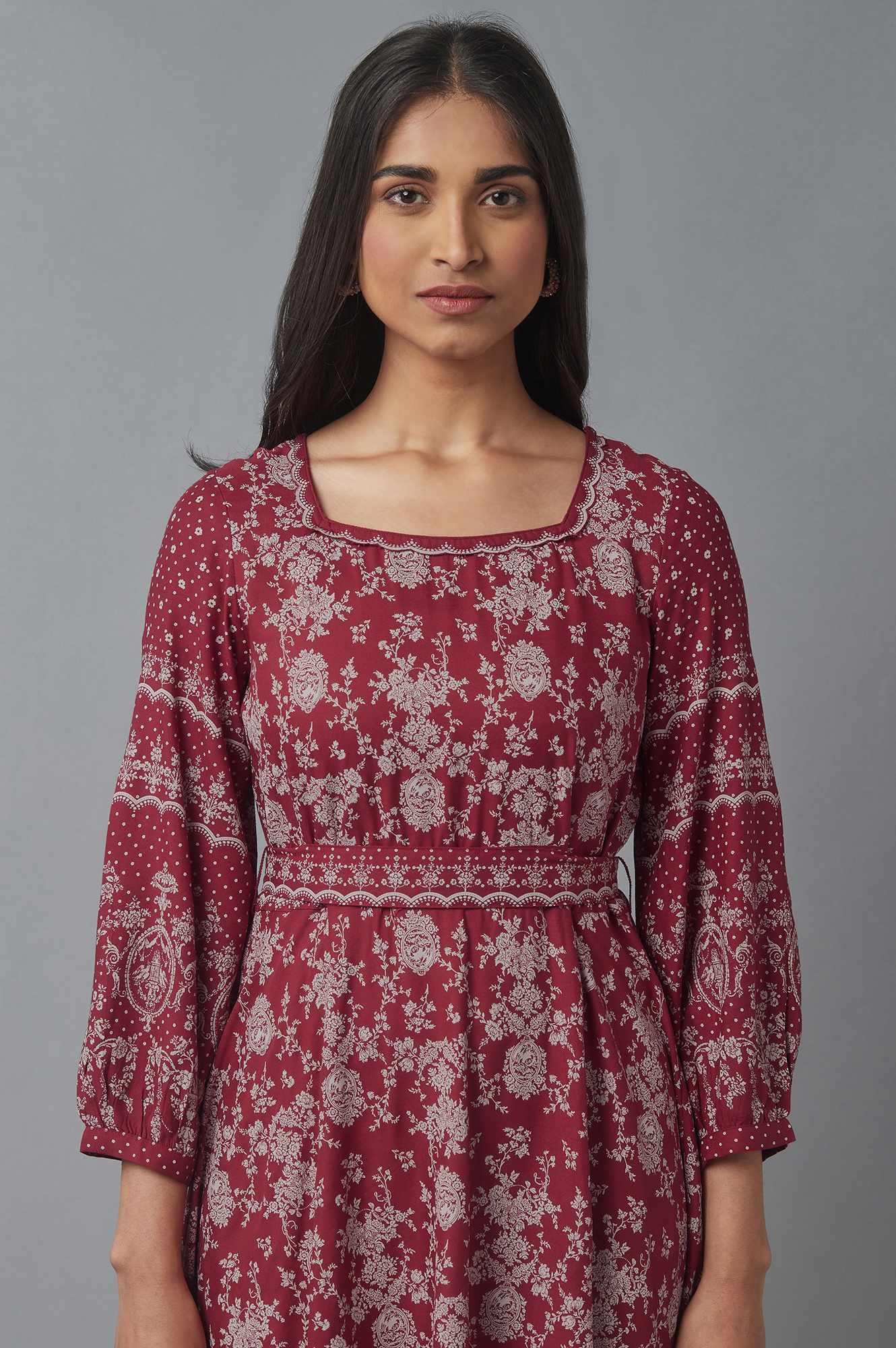 Deep Red Printed Flared Dress - wforwoman
