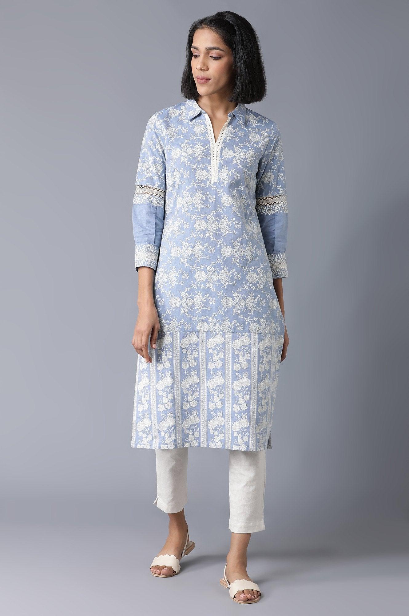 Chambray Blue Floral Printed kurta - wforwoman