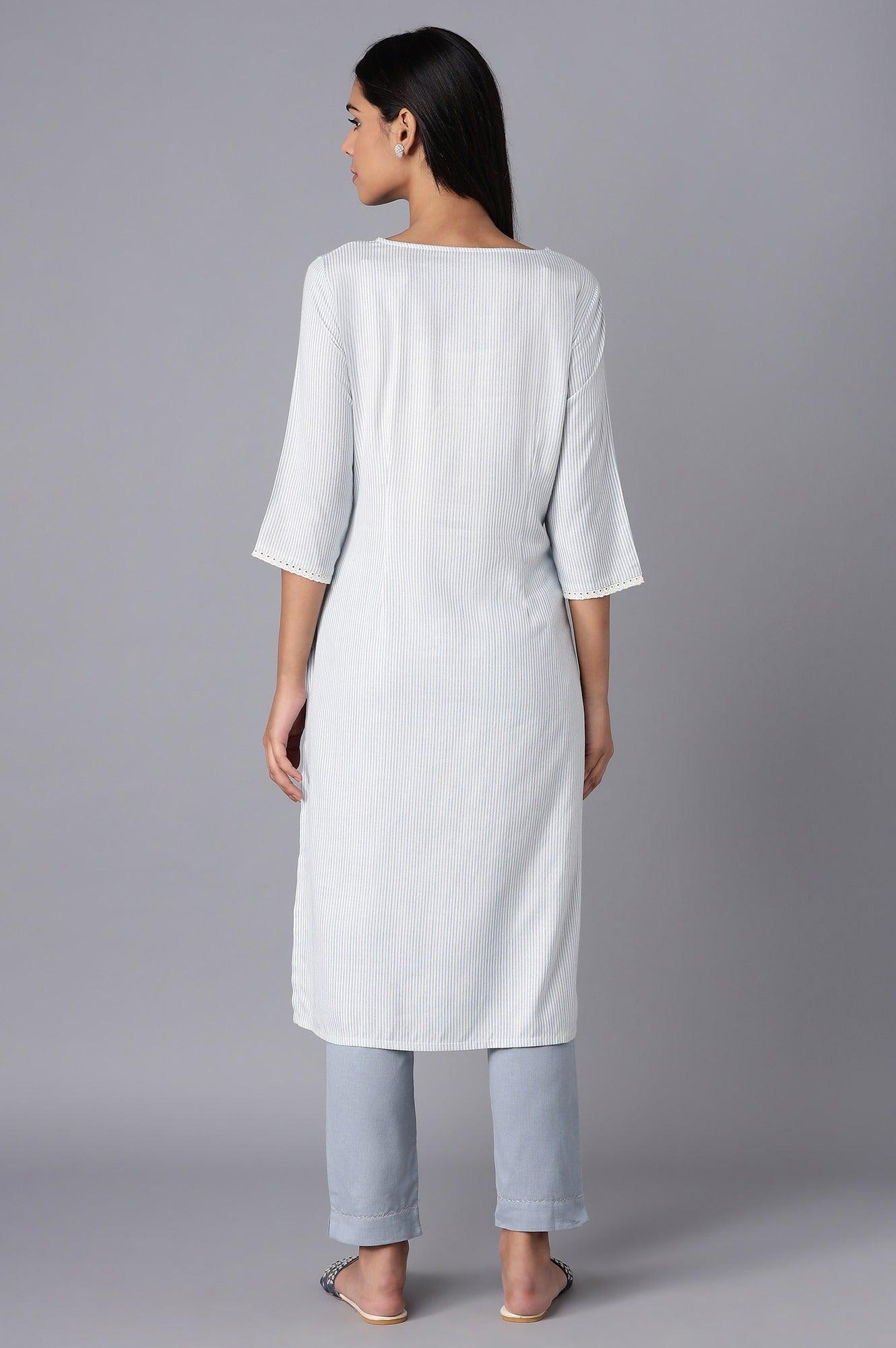 Ecru and Light Blue Stripe Print kurta - wforwoman