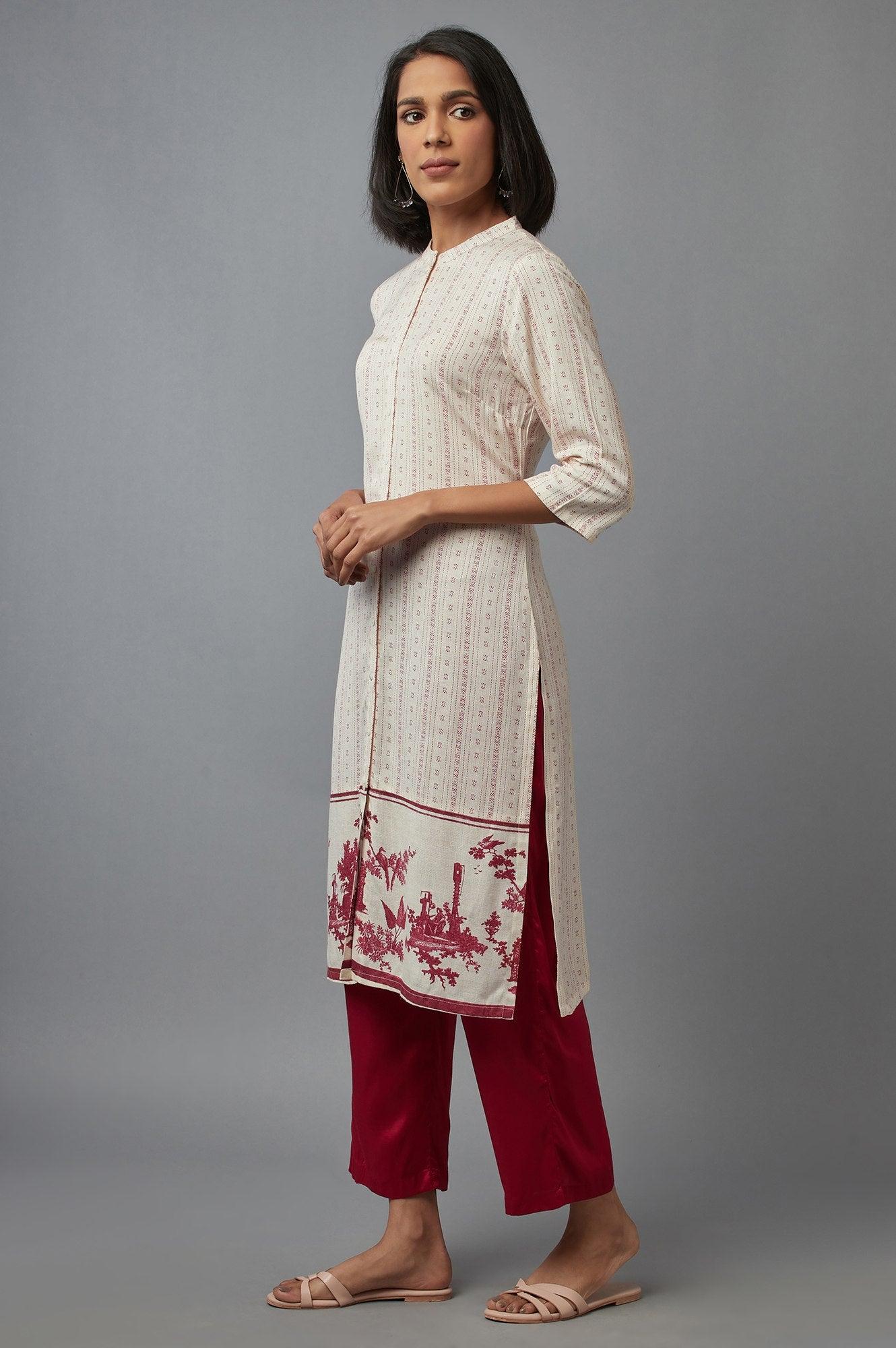 Ecru and Red Floral Print kurta - wforwoman