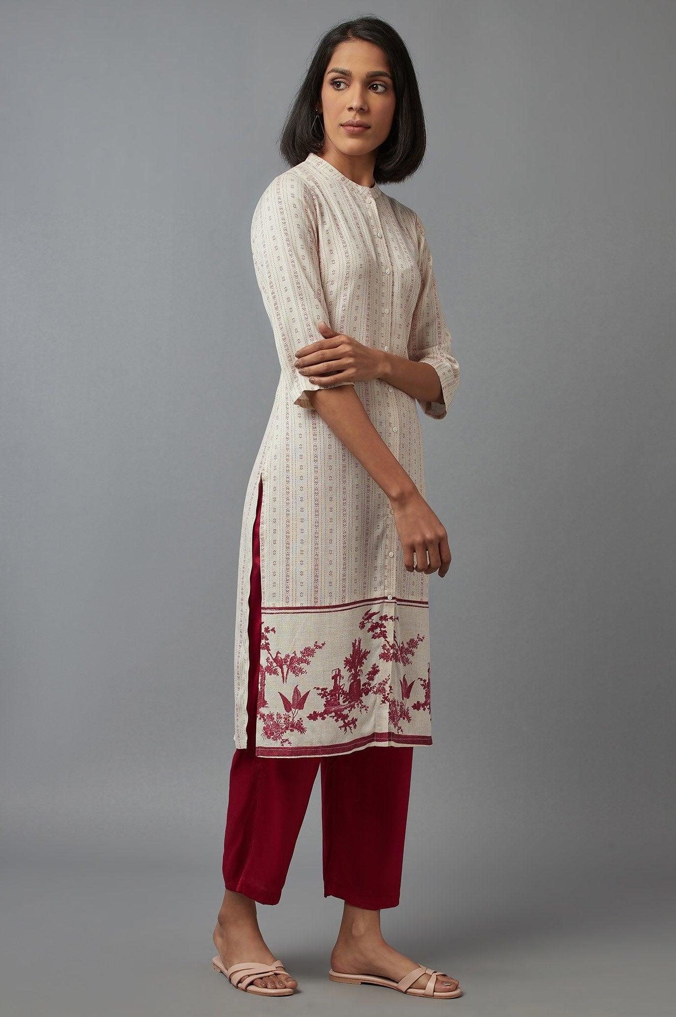 Ecru and Red Floral Print kurta - wforwoman