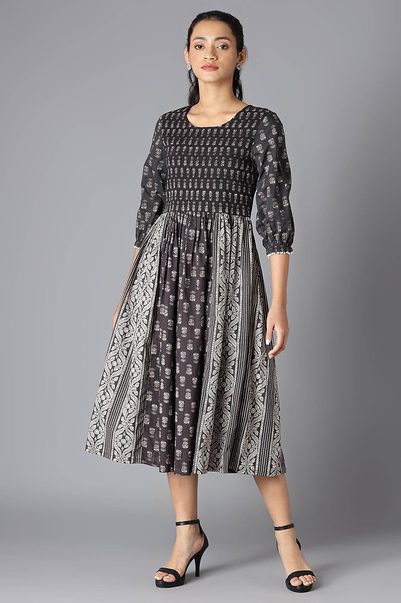 Black And White Printed Smocked Dress - wforwoman