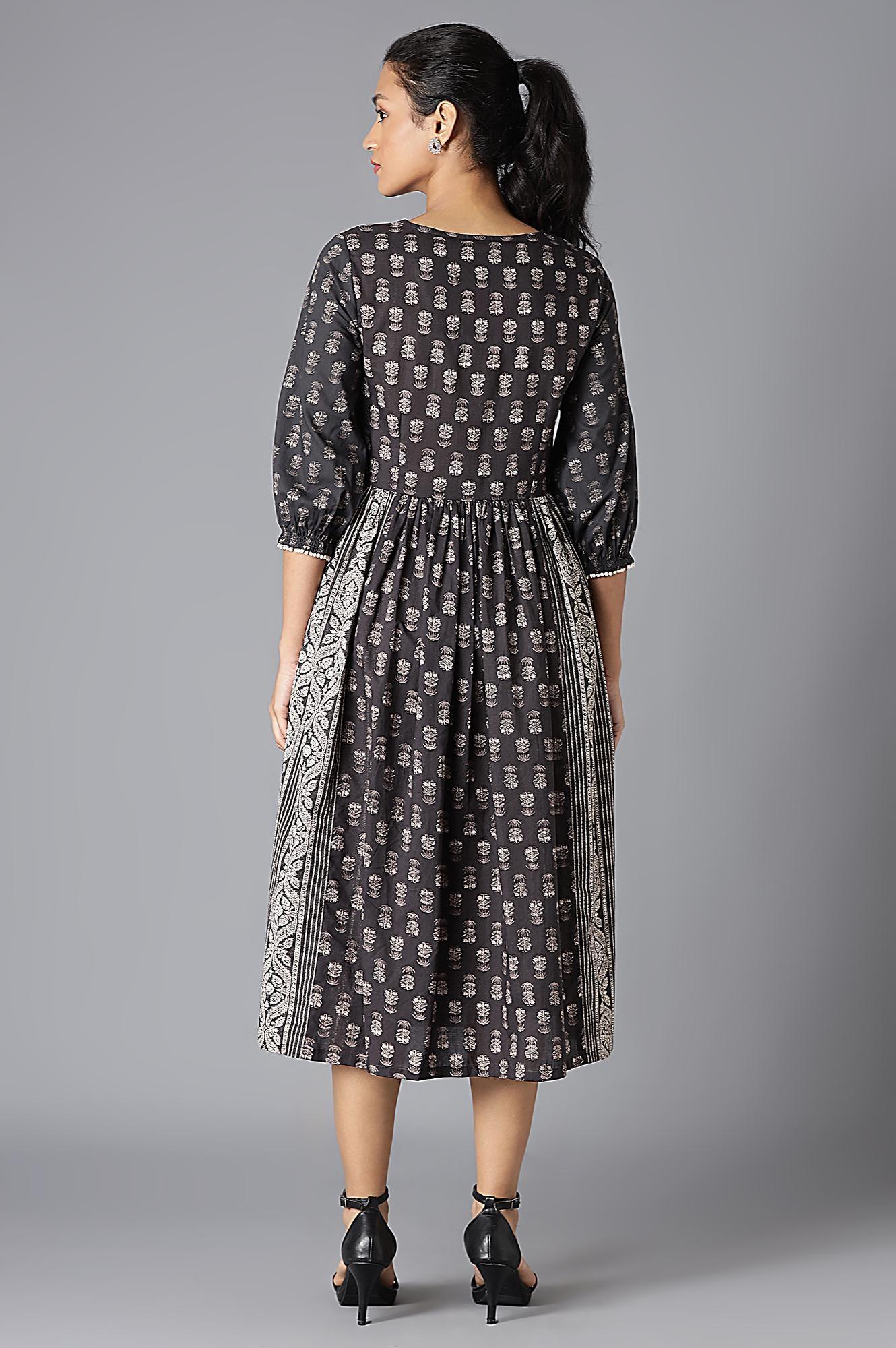 Black And White Printed Smocked Dress - wforwoman