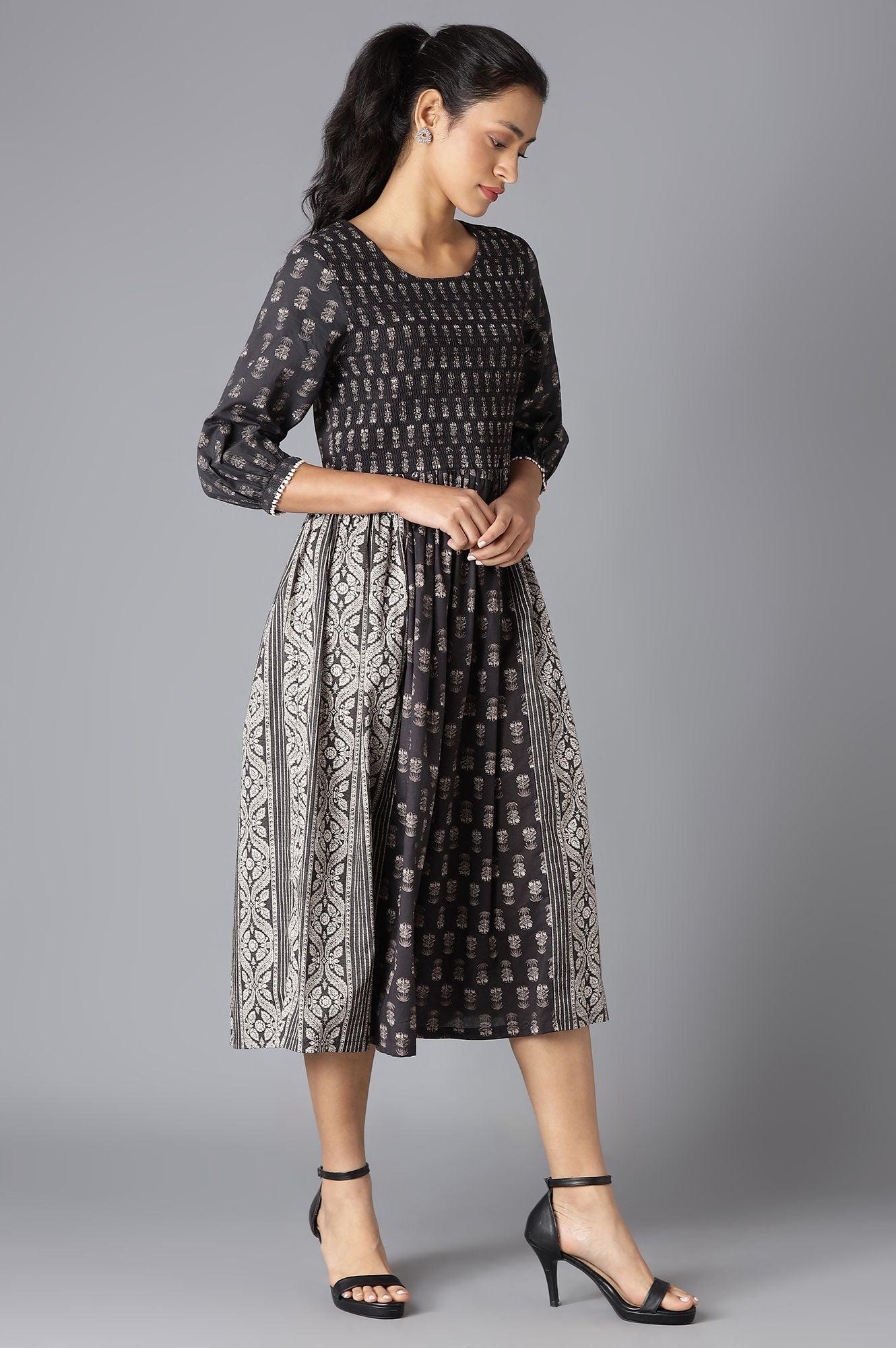 Black And White Printed Smocked Dress - wforwoman