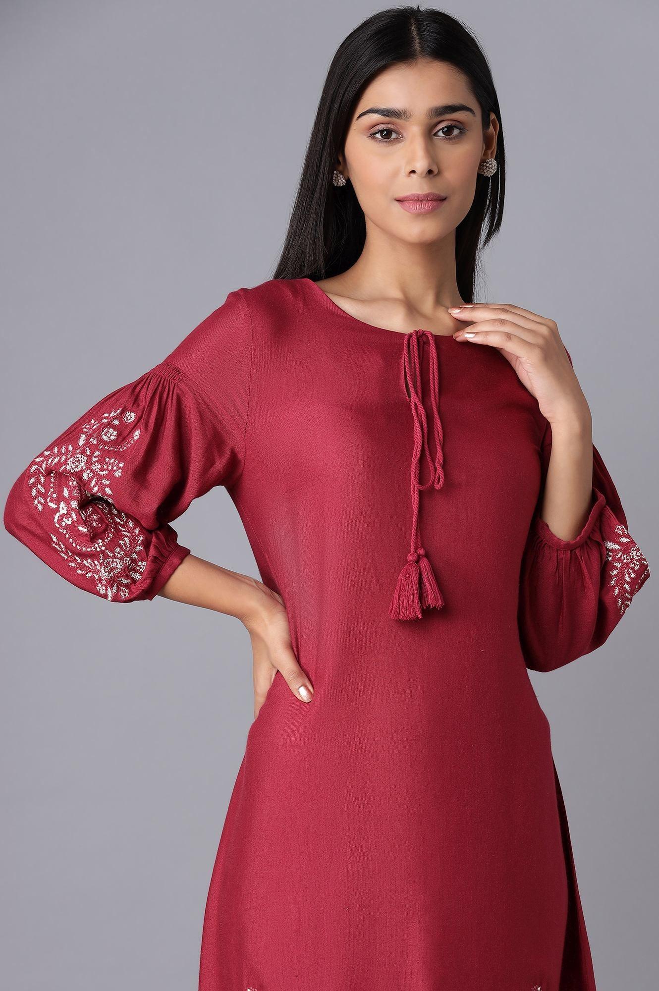 Deep Red Embroidered Dress - wforwoman
