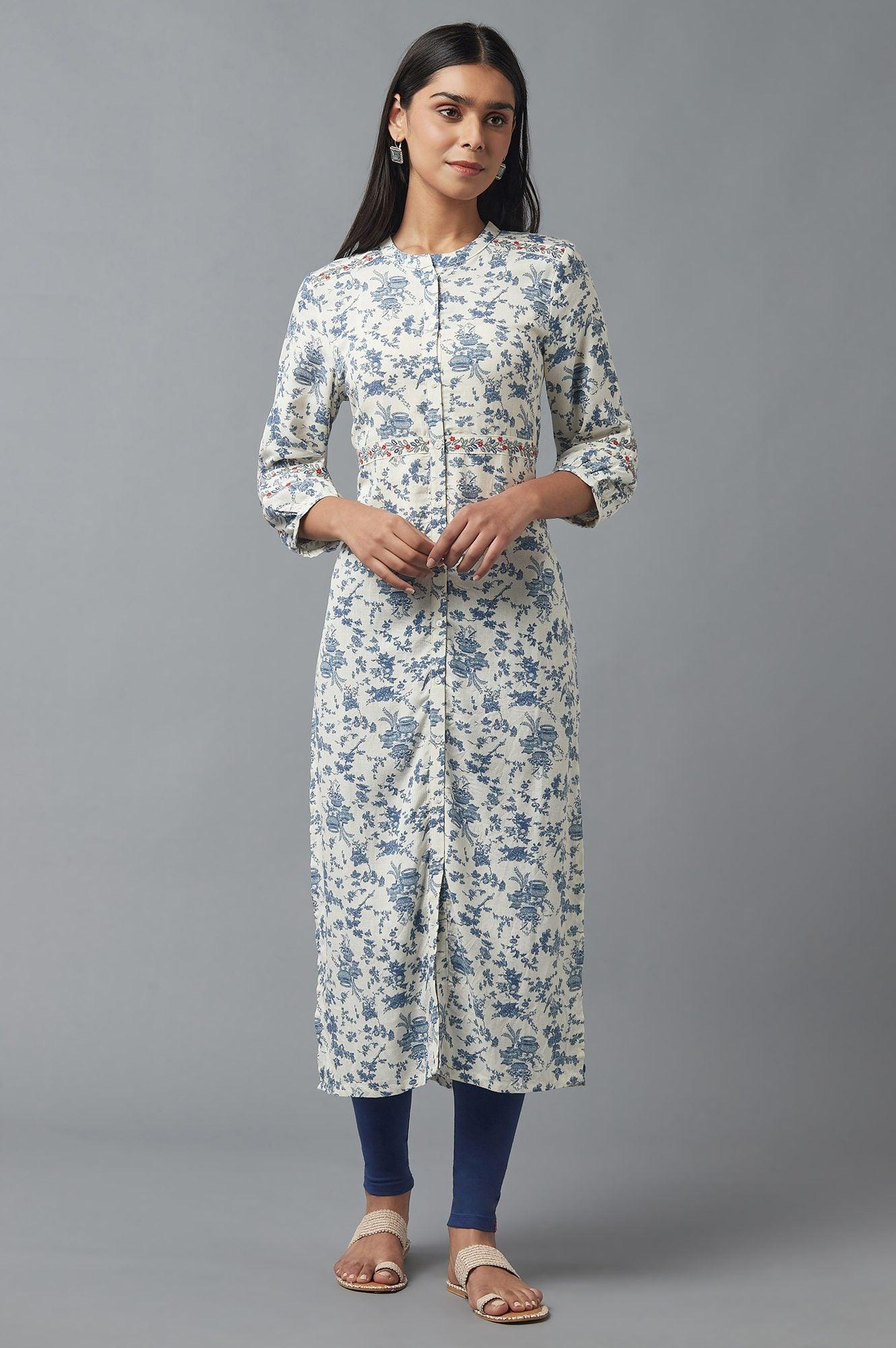 White and Blue Button Down kurta - wforwoman