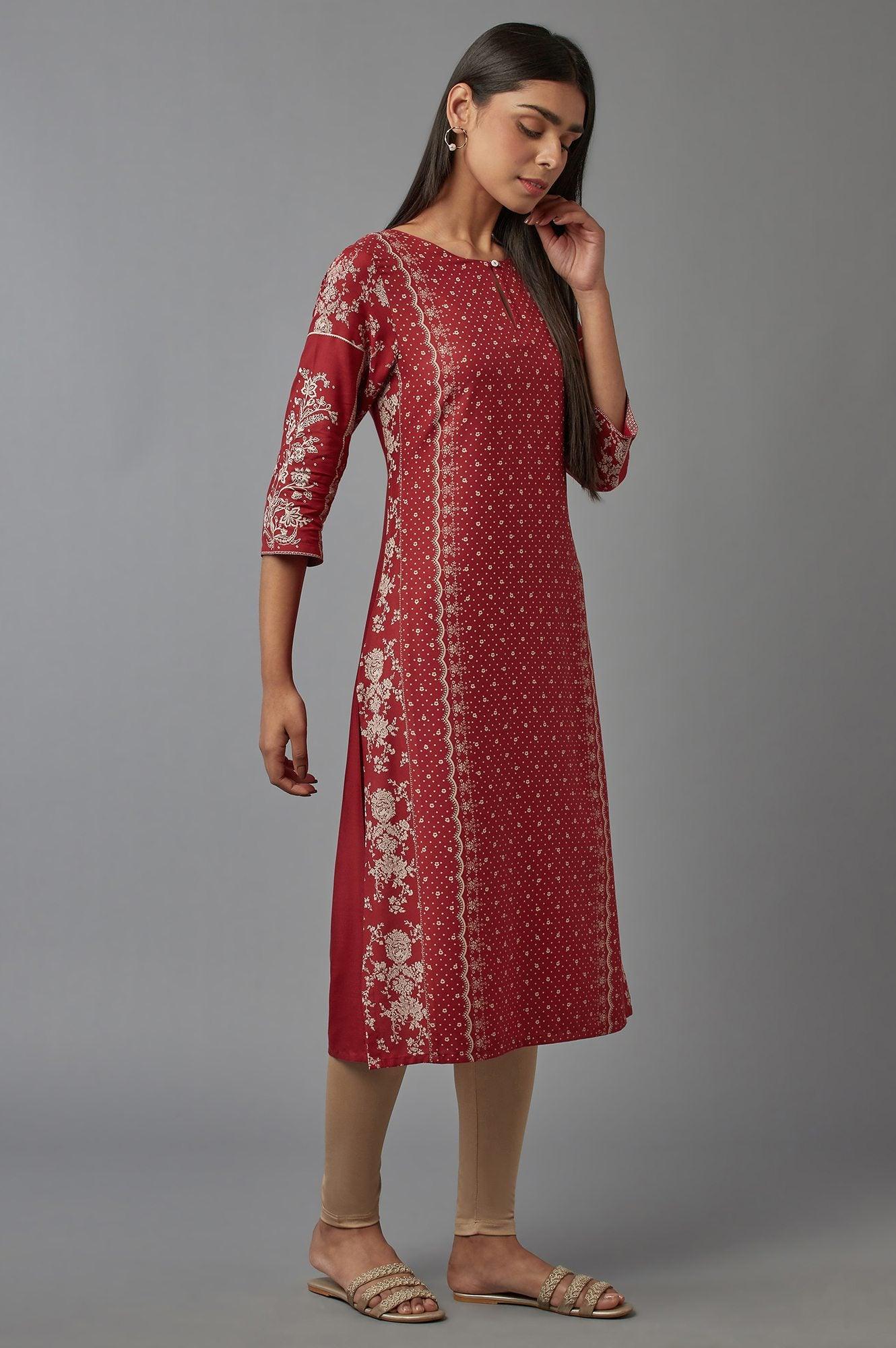 Deep Red Printed kurta - wforwoman
