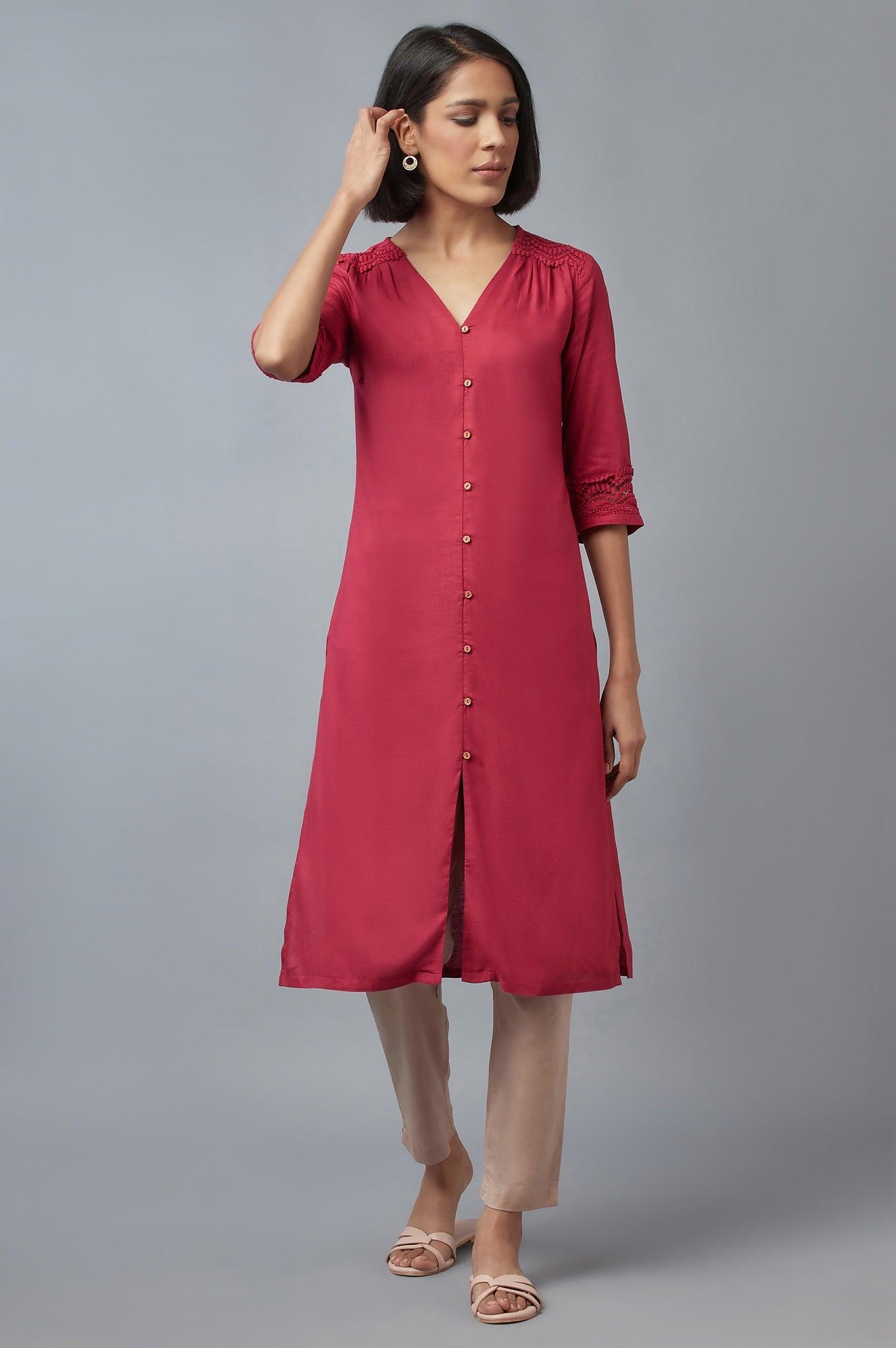 Dark Red Button Down kurta - wforwoman