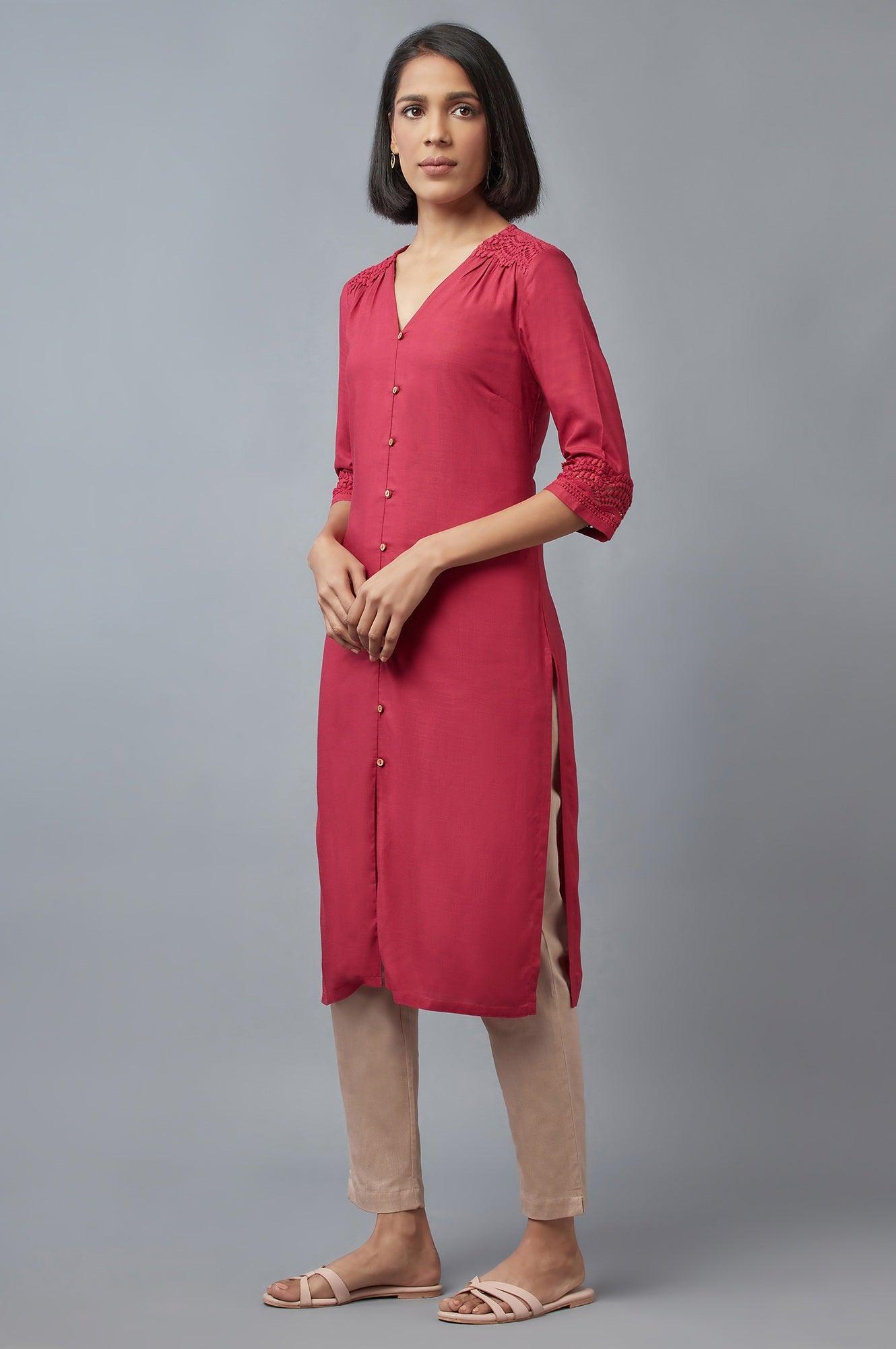 Dark Red Button Down kurta - wforwoman