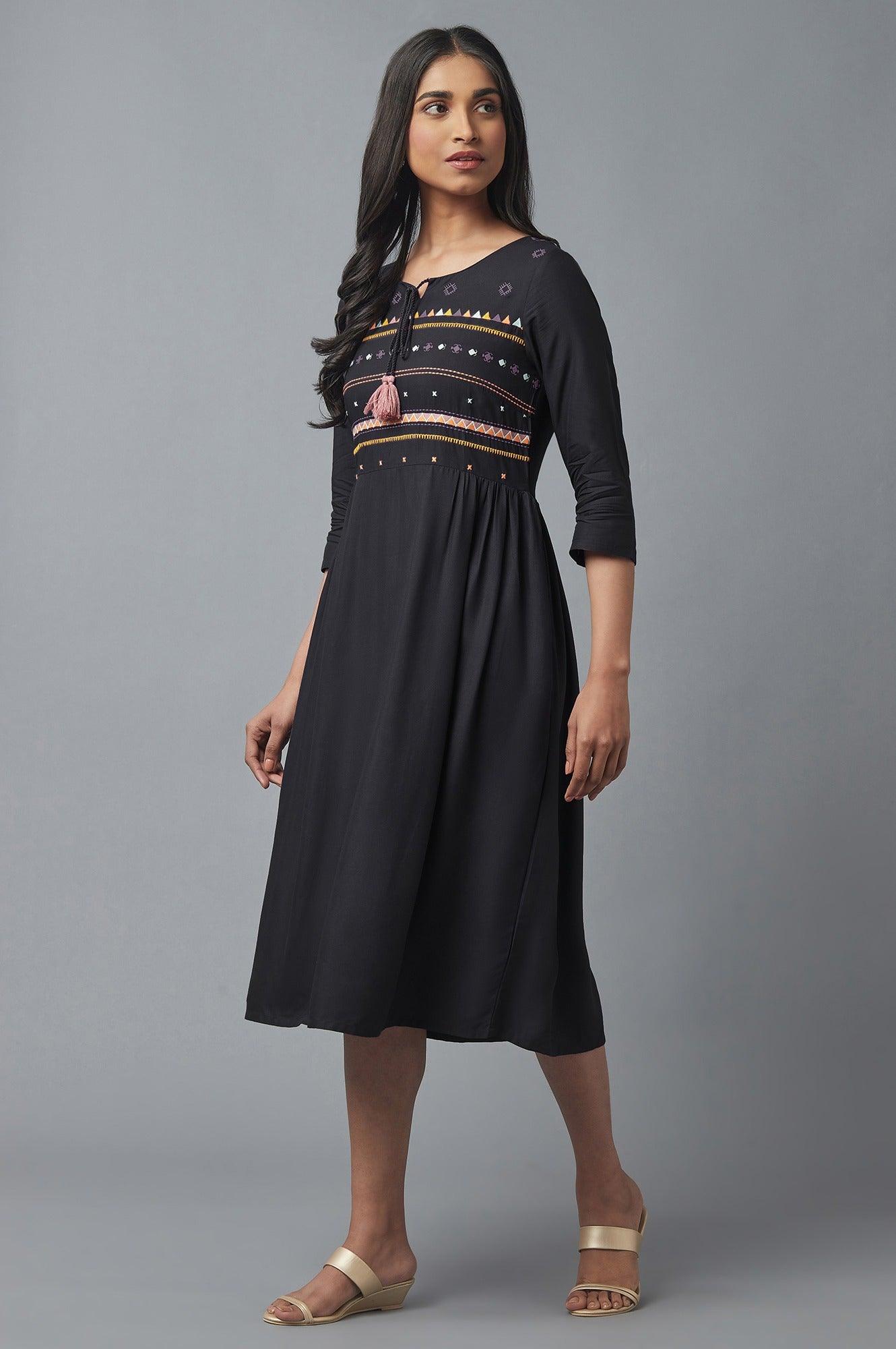 Charcoal Grey Embroidered Dress - wforwoman