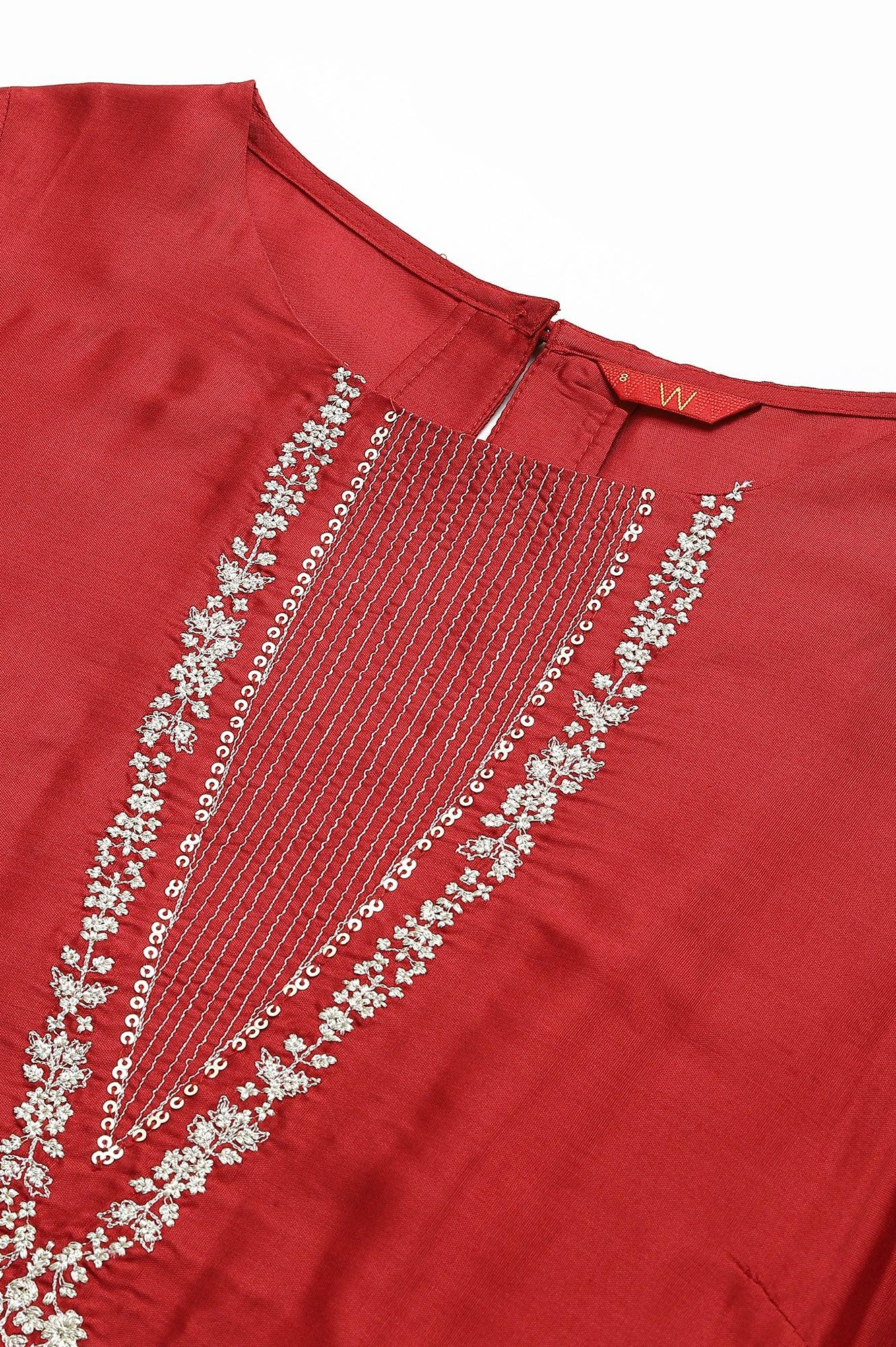 Deep Red Embroidered Festive kurta - wforwoman