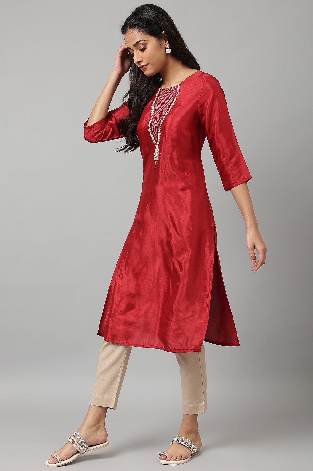 Deep Red Embroidered Festive kurta - wforwoman