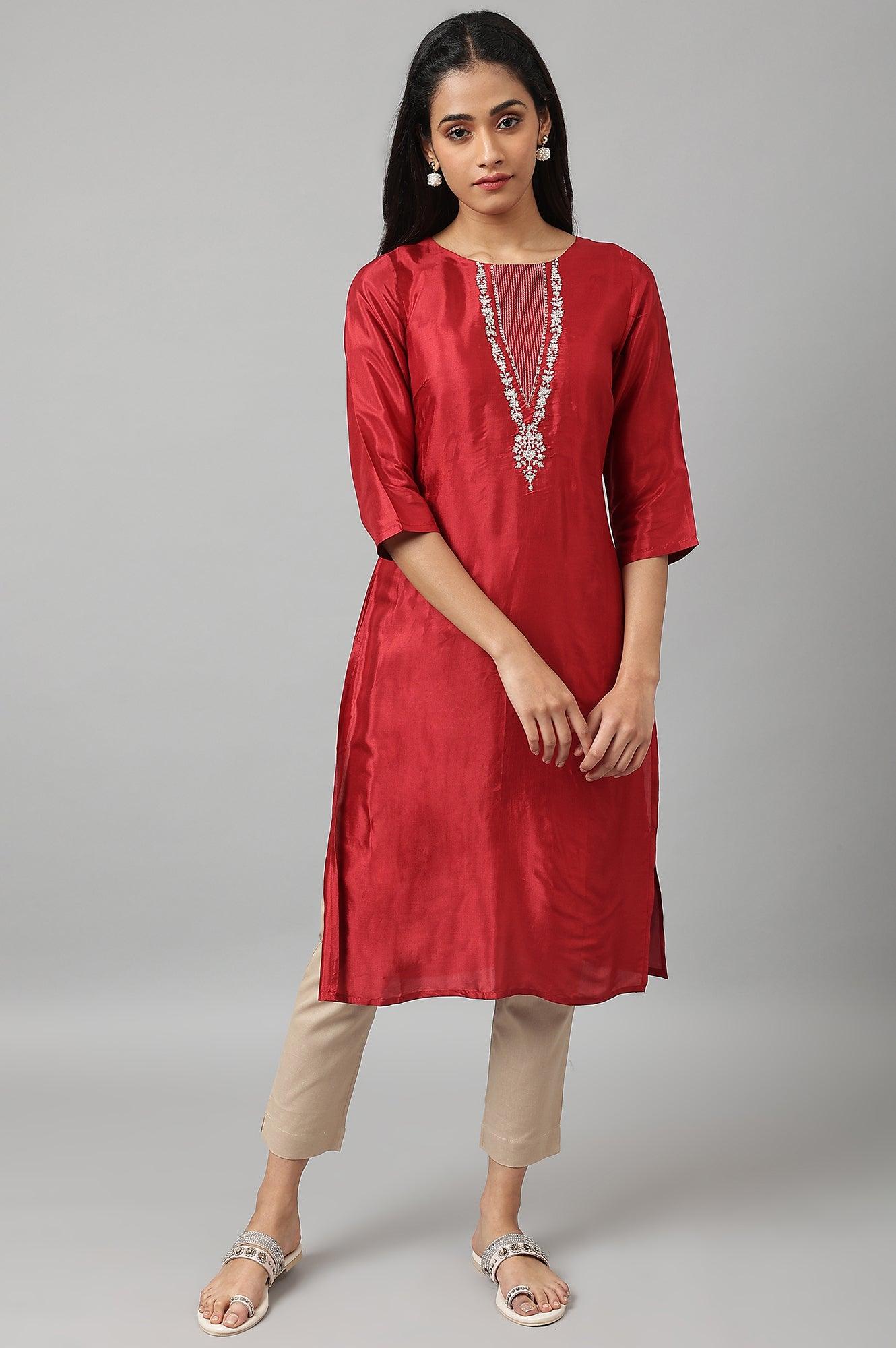 Deep Red Embroidered Festive kurta - wforwoman